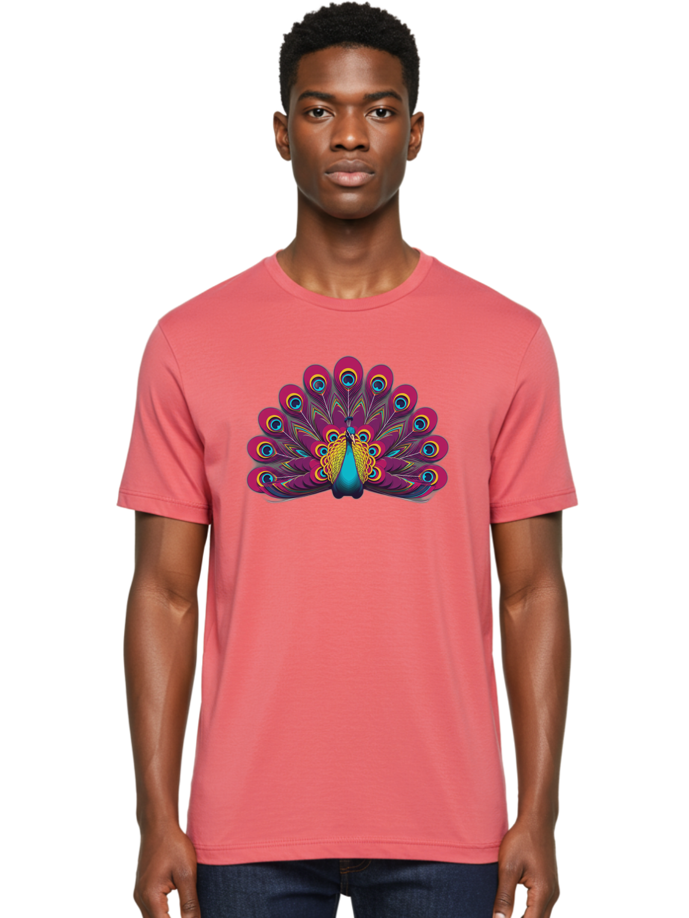 Peacock-11 Men'S Graphic Tee, 100% Cotton, Comfortable Casual Summer Wear, Machine Washable, Vibrant Peacock, Colorful Plumage, Eye-Catching Feathers, Magenta And Blue Hues, Turquoise Body, Intricate Patterns, Majestic Display, Bab072