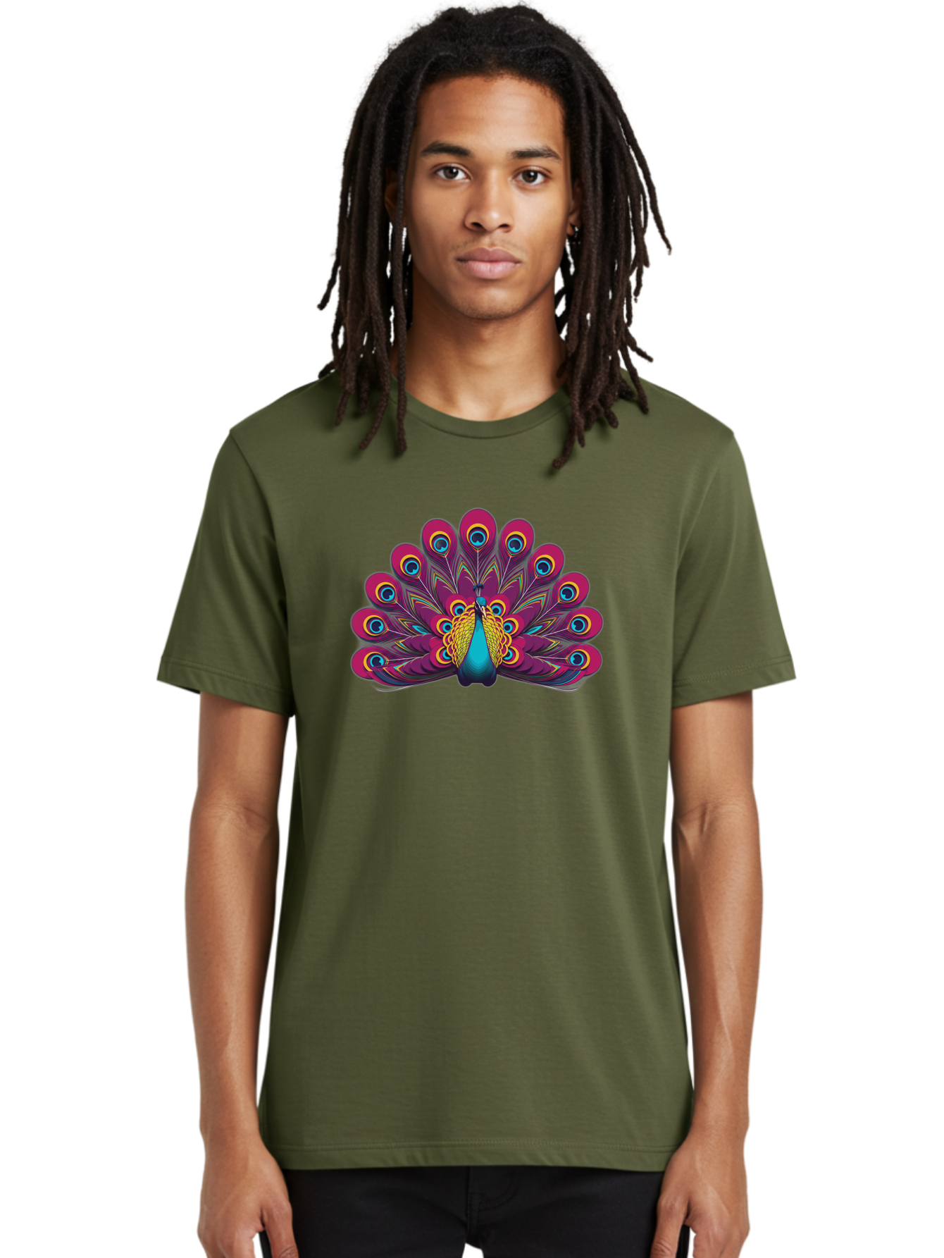Peacock-11 Men'S Graphic Tee, 100% Cotton, Comfortable Casual Summer Wear, Machine Washable, Vibrant Peacock, Colorful Plumage, Eye-Catching Feathers, Magenta And Blue Hues, Turquoise Body, Intricate Patterns, Majestic Display, Bab072