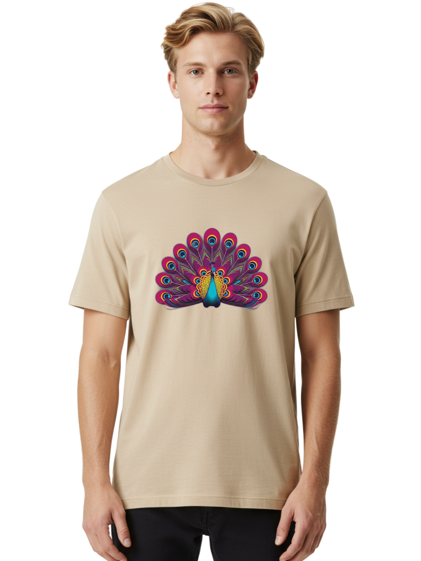 Peacock-11 Men'S Graphic Tee, 100% Cotton, Comfortable Casual Summer Wear, Machine Washable, Vibrant Peacock, Colorful Plumage, Eye-Catching Feathers, Magenta And Blue Hues, Turquoise Body, Intricate Patterns, Majestic Display, Bab072