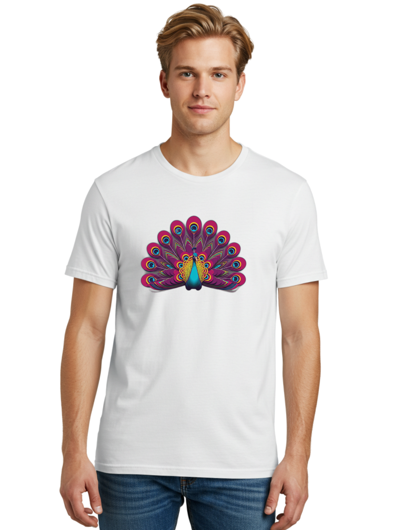 Peacock-11 Men'S Graphic Tee, 100% Cotton, Comfortable Casual Summer Wear, Machine Washable, Vibrant Peacock, Colorful Plumage, Eye-Catching Feathers, Magenta And Blue Hues, Turquoise Body, Intricate Patterns, Majestic Display, Bab072