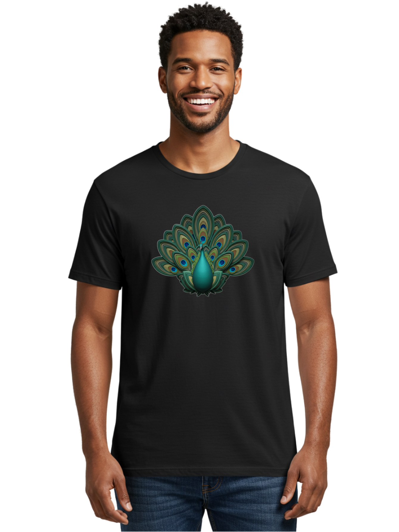 Peacock-12 Men'S Graphic Tee, 100% Cotton, Comfortable Casual Summer Wear, Machine Washable, Peacock Spreading Feathers, Blue Eyespots, Vibrant Plumage, Exotic Bird, Natural Beauty, Colorful Display, Majestic Creature, Bird Watching, Bab073