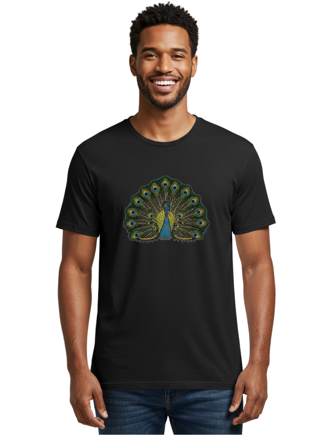 Peacock-14 Men'S Graphic Tee, 100% Cotton, Comfortable Casual Summer Wear, Machine Washable, Peacock Displaying Feathers, Vibrant Plumage, Blue Eyespots, Iridescent Colors, Majestic Bird, Wildlife Beauty, Ornate Tail, Proud Display Bab075