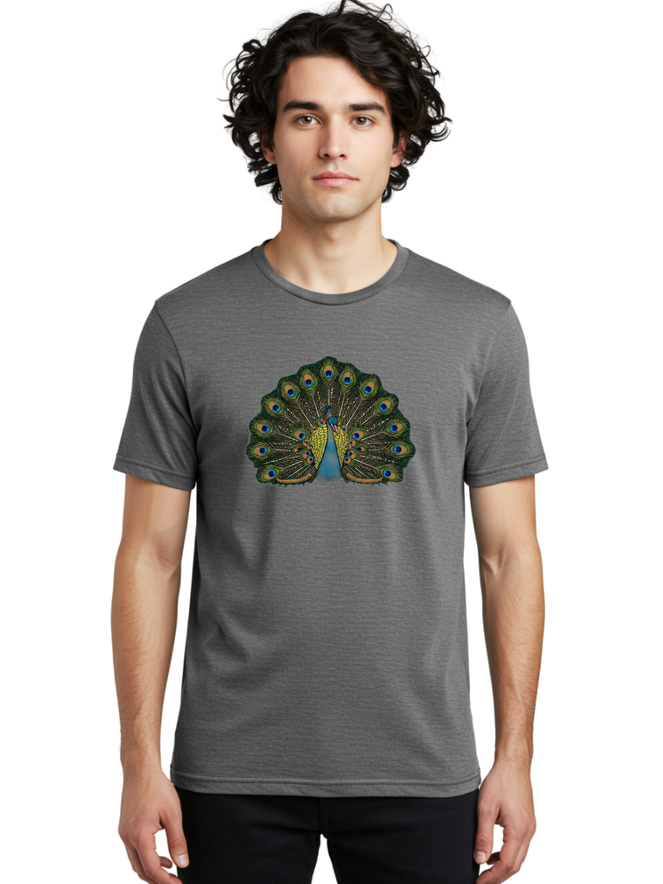 Peacock-14 Men'S Graphic Tee, 100% Cotton, Comfortable Casual Summer Wear, Machine Washable, Peacock Displaying Feathers, Vibrant Plumage, Blue Eyespots, Iridescent Colors, Majestic Bird, Wildlife Beauty, Ornate Tail, Proud Display Bab075