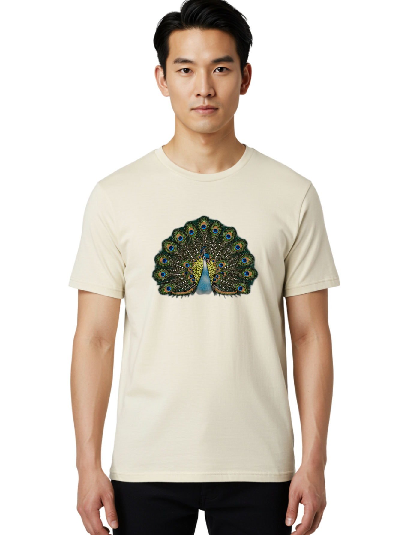 Peacock-14 Men'S Graphic Tee, 100% Cotton, Comfortable Casual Summer Wear, Machine Washable, Peacock Displaying Feathers, Vibrant Plumage, Blue Eyespots, Iridescent Colors, Majestic Bird, Wildlife Beauty, Ornate Tail, Proud Display Bab075