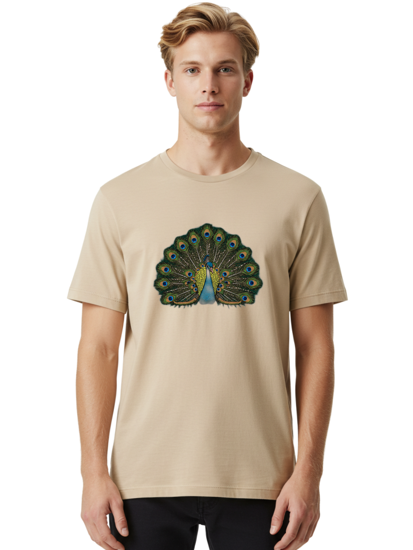 Peacock-14 Men'S Graphic Tee, 100% Cotton, Comfortable Casual Summer Wear, Machine Washable, Peacock Displaying Feathers, Vibrant Plumage, Blue Eyespots, Iridescent Colors, Majestic Bird, Wildlife Beauty, Ornate Tail, Proud Display Bab075
