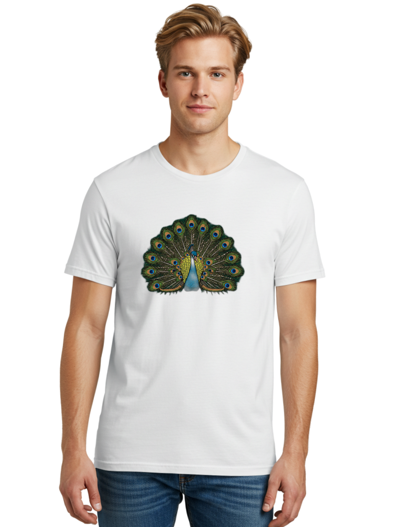 Peacock-14 Men'S Graphic Tee, 100% Cotton, Comfortable Casual Summer Wear, Machine Washable, Peacock Displaying Feathers, Vibrant Plumage, Blue Eyespots, Iridescent Colors, Majestic Bird, Wildlife Beauty, Ornate Tail, Proud Display Bab075