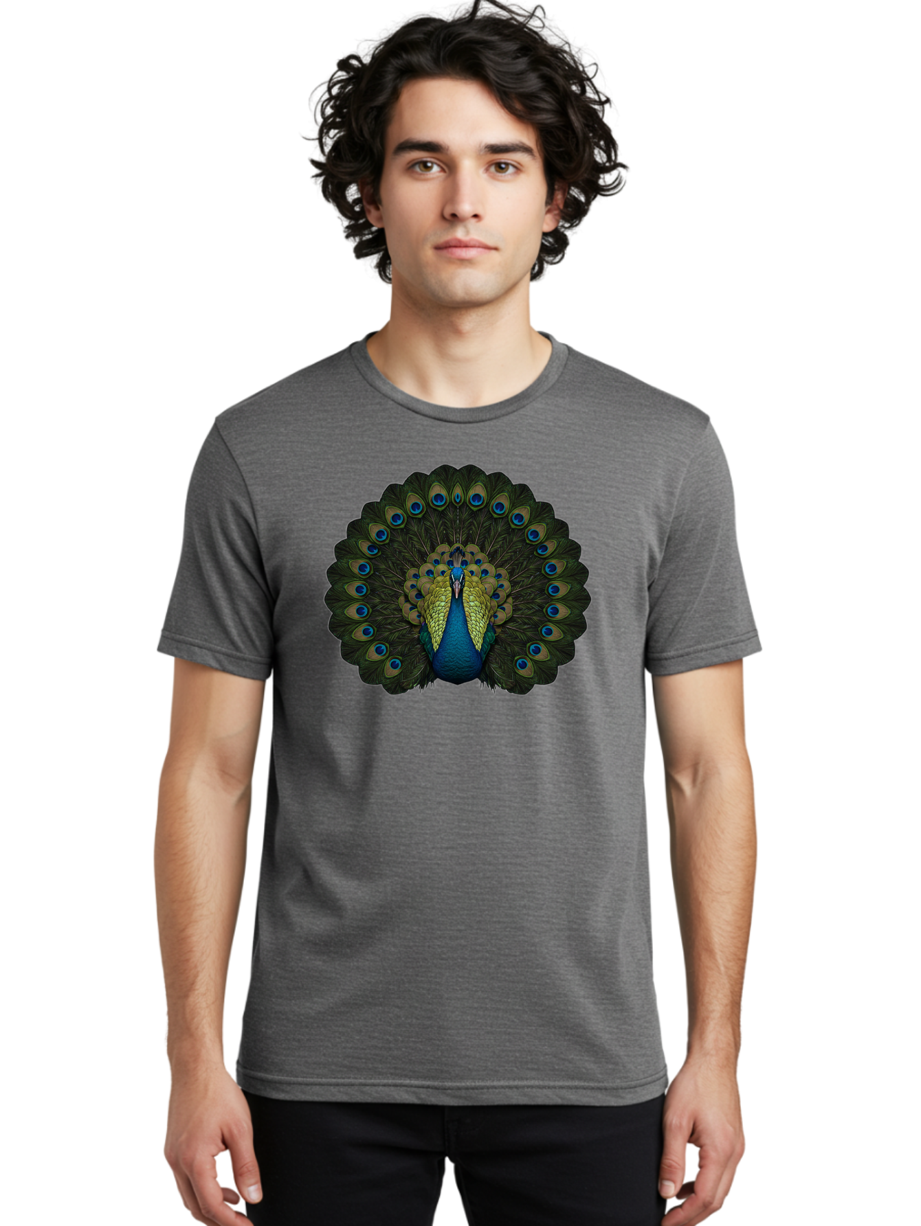 Peacock-15 Men'S Graphic Tee, 100% Cotton, Comfortable Casual Summer Wear, Machine Washable, Blue Peacock, Vibrant Plumage, Eye-Catching Display, Majestic Feathers, Regal Bird, Stunning Colors, Intricate Patterns, Blue And Gold Hues, Bab076