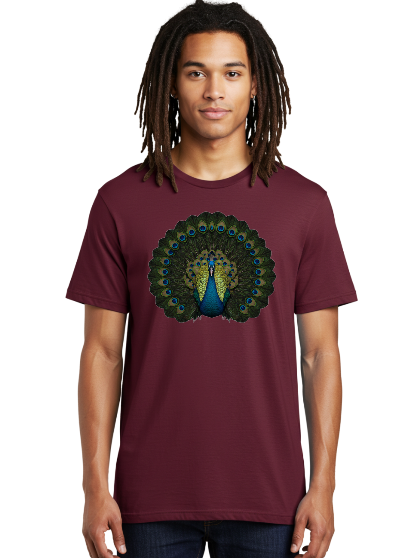 Peacock-15 Men'S Graphic Tee, 100% Cotton, Comfortable Casual Summer Wear, Machine Washable, Blue Peacock, Vibrant Plumage, Eye-Catching Display, Majestic Feathers, Regal Bird, Stunning Colors, Intricate Patterns, Blue And Gold Hues, Bab076