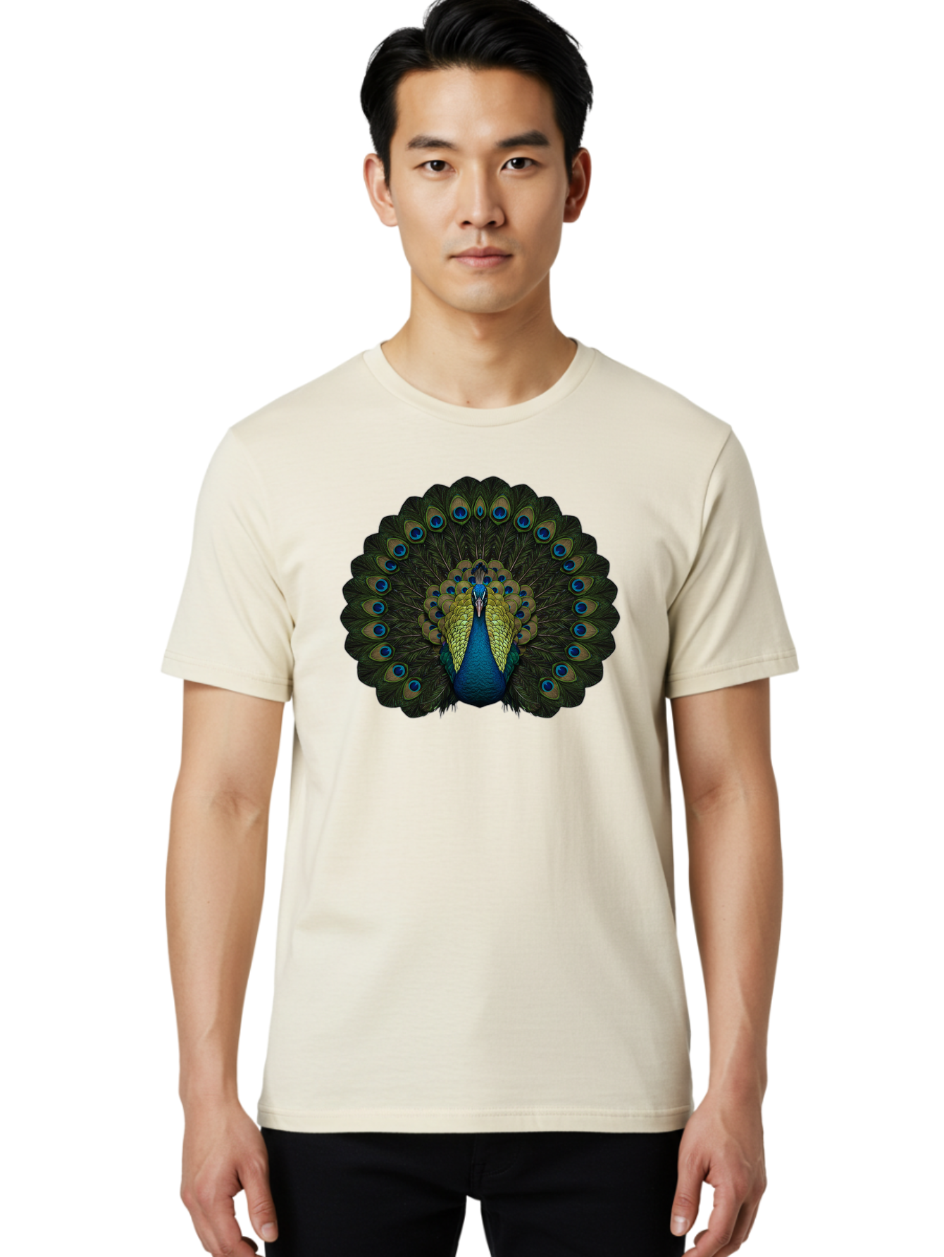 Peacock-15 Men'S Graphic Tee, 100% Cotton, Comfortable Casual Summer Wear, Machine Washable, Blue Peacock, Vibrant Plumage, Eye-Catching Display, Majestic Feathers, Regal Bird, Stunning Colors, Intricate Patterns, Blue And Gold Hues, Bab076