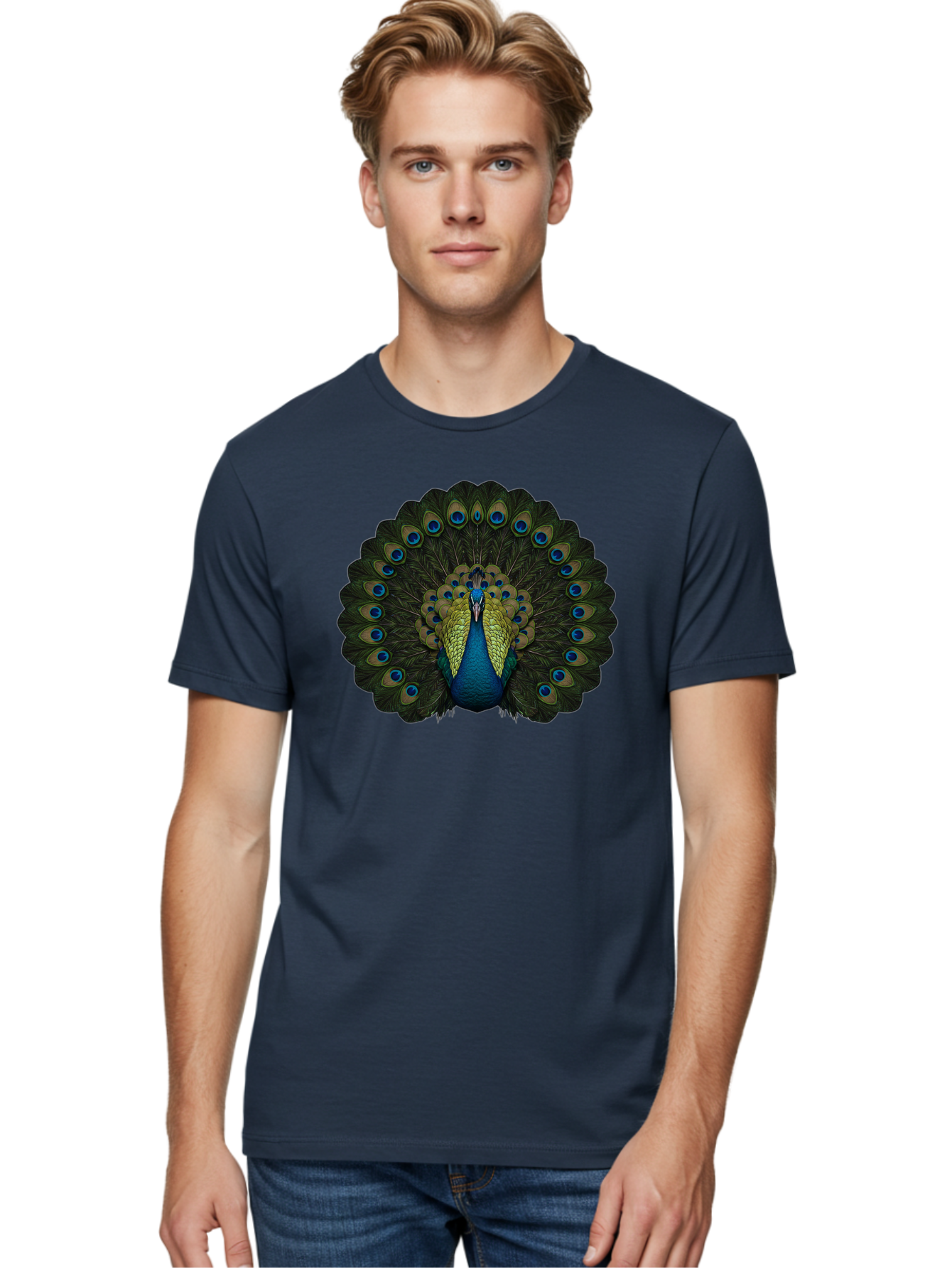 Peacock-15 Men'S Graphic Tee, 100% Cotton, Comfortable Casual Summer Wear, Machine Washable, Blue Peacock, Vibrant Plumage, Eye-Catching Display, Majestic Feathers, Regal Bird, Stunning Colors, Intricate Patterns, Blue And Gold Hues, Bab076