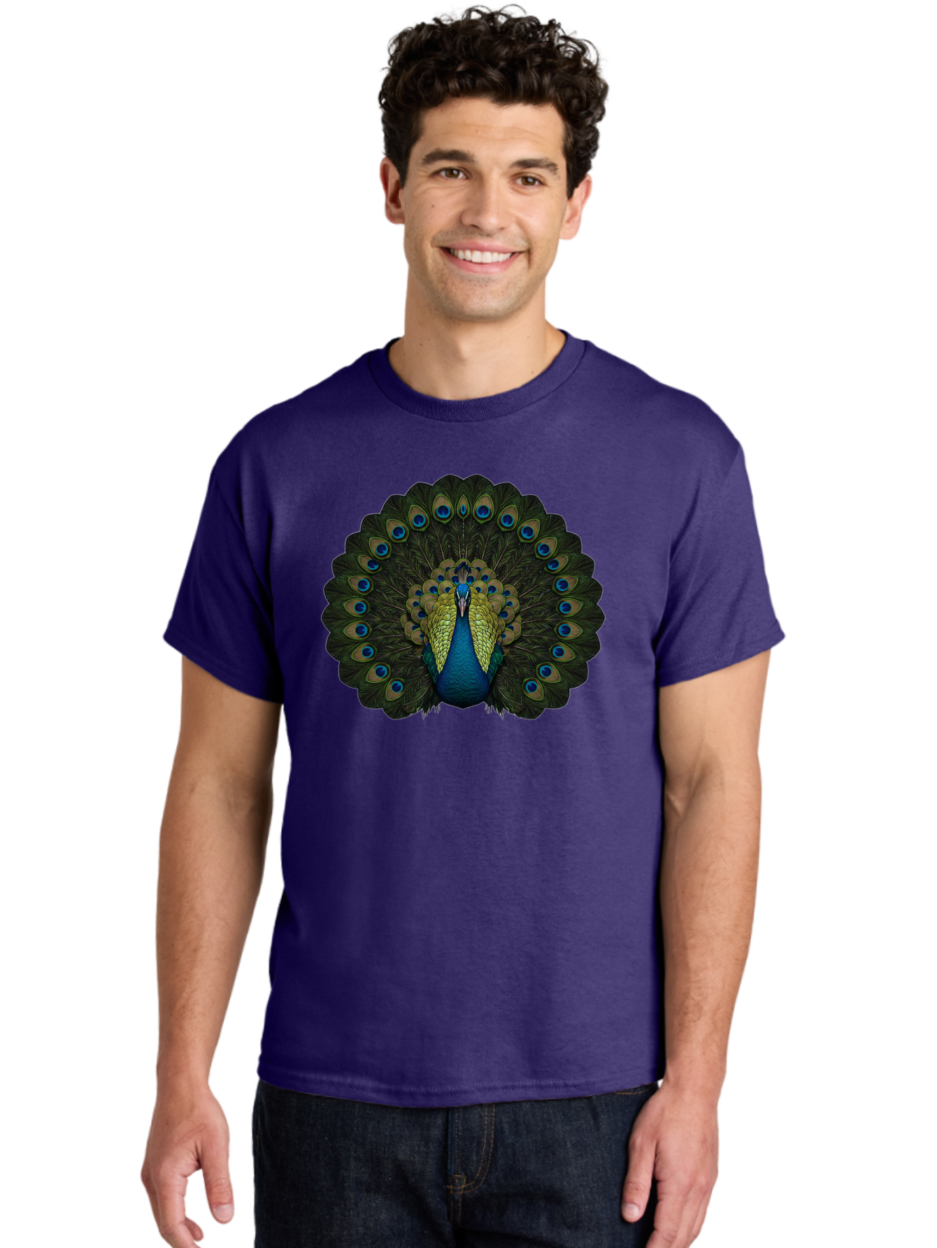 Peacock-15 Men'S Graphic Tee, 100% Cotton, Comfortable Casual Summer Wear, Machine Washable, Blue Peacock, Vibrant Plumage, Eye-Catching Display, Majestic Feathers, Regal Bird, Stunning Colors, Intricate Patterns, Blue And Gold Hues, Bab076
