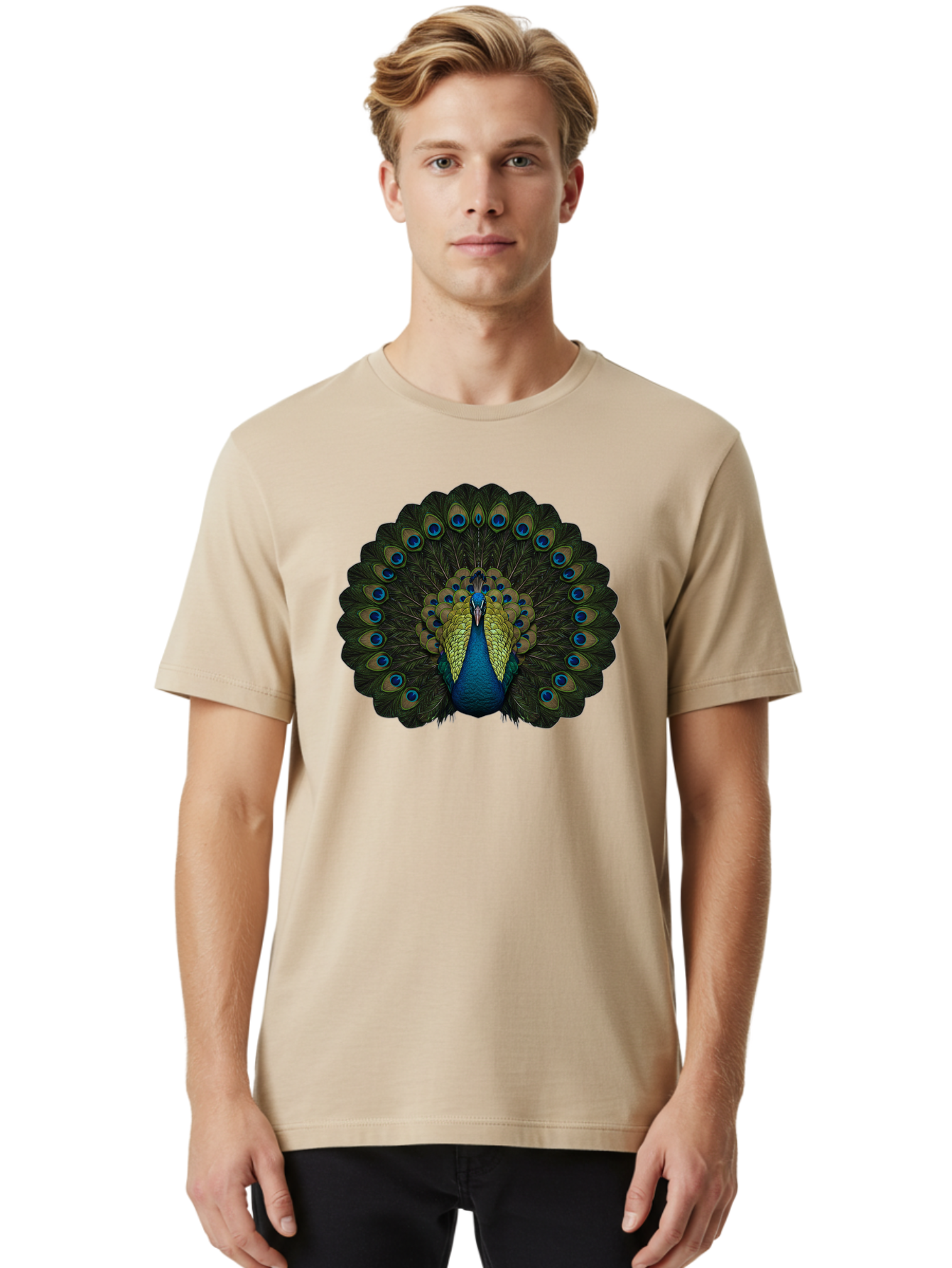 Peacock-15 Men'S Graphic Tee, 100% Cotton, Comfortable Casual Summer Wear, Machine Washable, Blue Peacock, Vibrant Plumage, Eye-Catching Display, Majestic Feathers, Regal Bird, Stunning Colors, Intricate Patterns, Blue And Gold Hues, Bab076