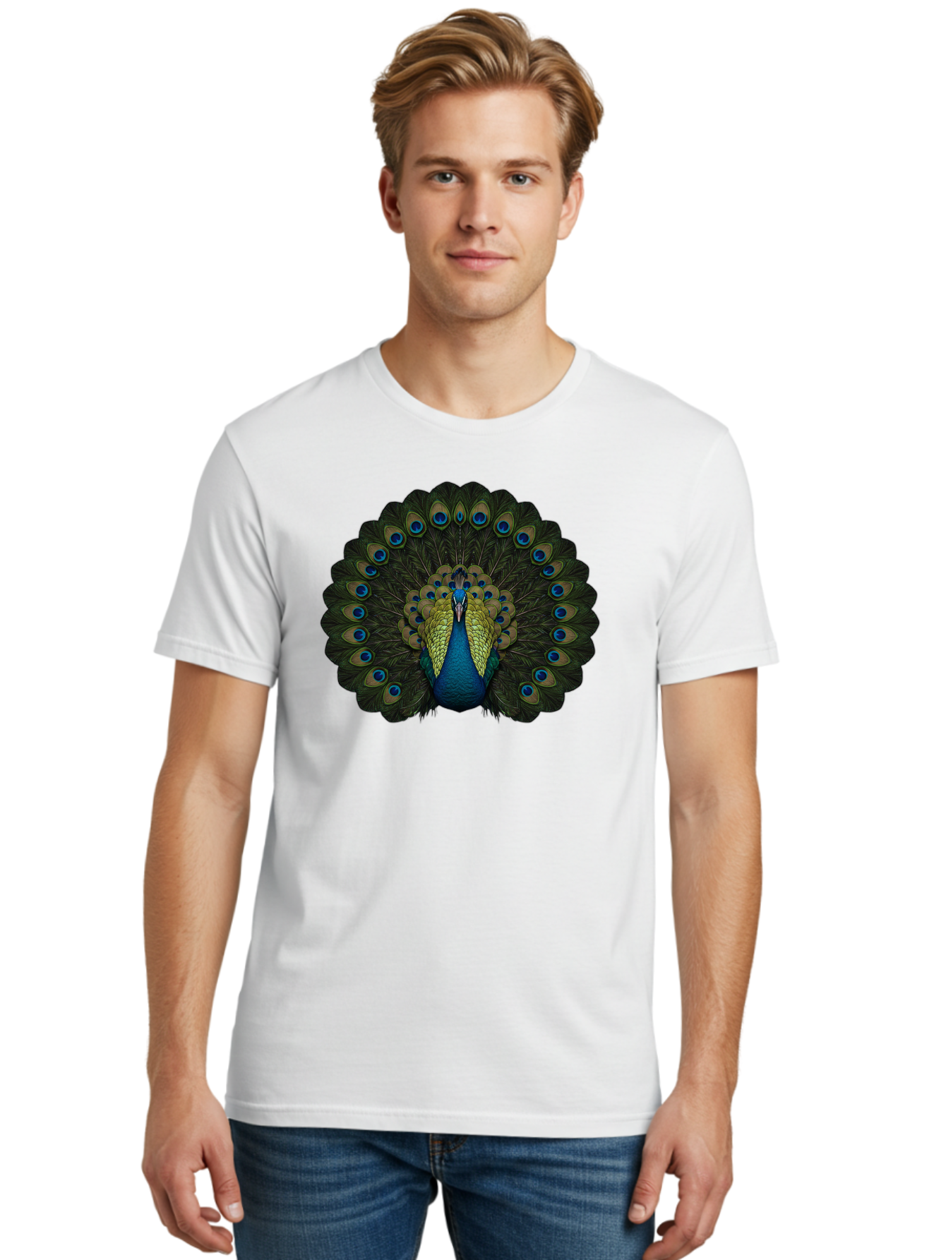 Peacock-15 Men'S Graphic Tee, 100% Cotton, Comfortable Casual Summer Wear, Machine Washable, Blue Peacock, Vibrant Plumage, Eye-Catching Display, Majestic Feathers, Regal Bird, Stunning Colors, Intricate Patterns, Blue And Gold Hues, Bab076