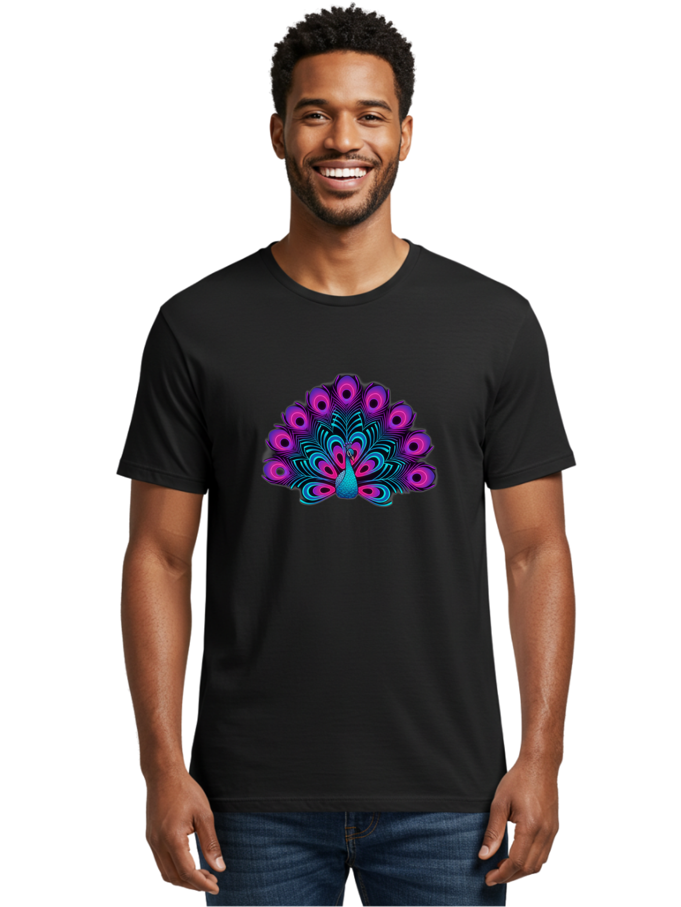 Peacock-16 Men'S Graphic Tee, 100% Cotton, Comfortable Casual Summer Wear, Machine Washable, Peacock Displaying Feathers, Vibrant Plumage, Blue And Purple Hues, Eye-Catching Pattern, Majestic Bird, Colorful Illustration, Intricate Design, Bab077