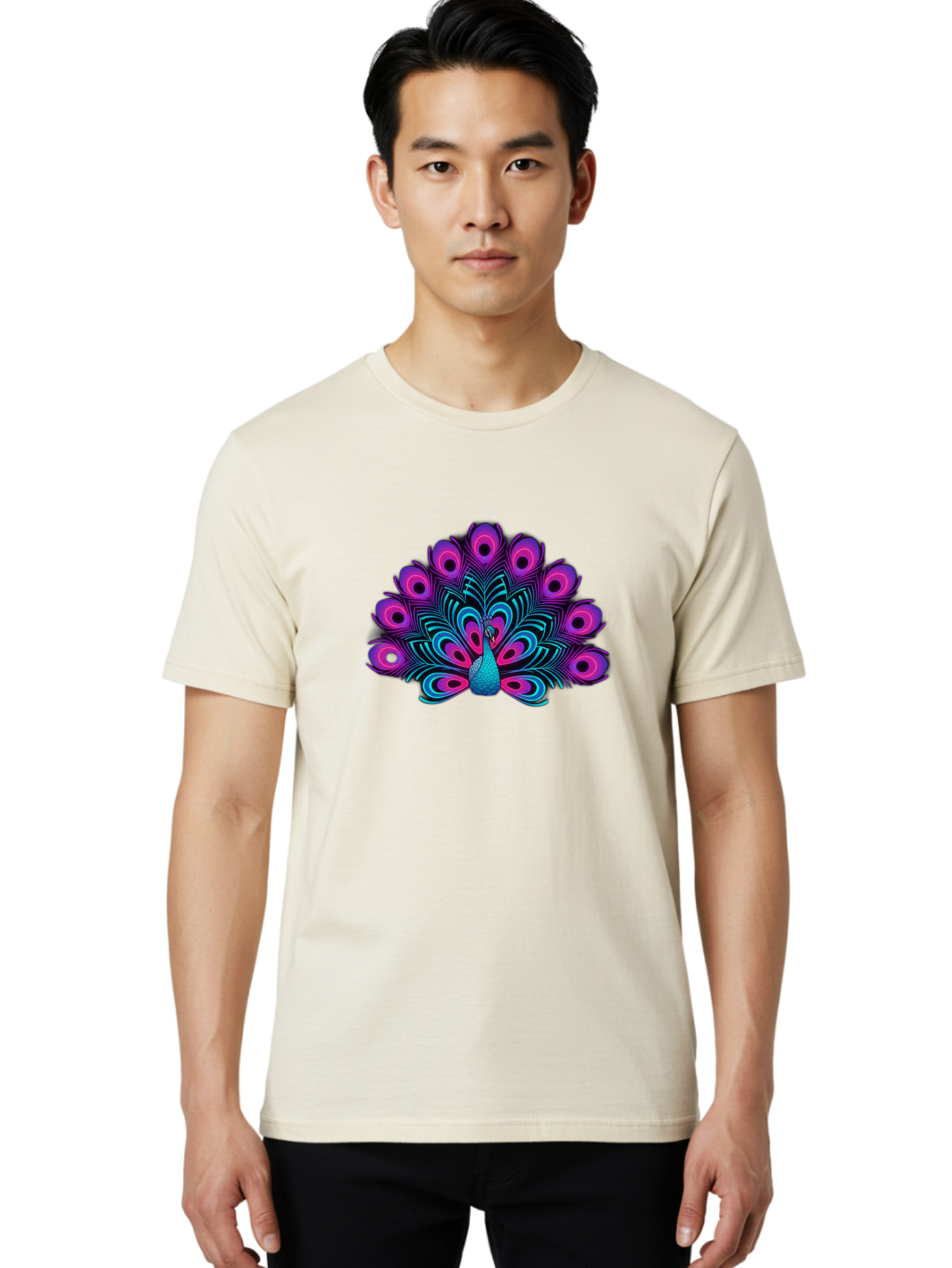 Peacock-16 Men'S Graphic Tee, 100% Cotton, Comfortable Casual Summer Wear, Machine Washable, Peacock Displaying Feathers, Vibrant Plumage, Blue And Purple Hues, Eye-Catching Pattern, Majestic Bird, Colorful Illustration, Intricate Design, Bab077