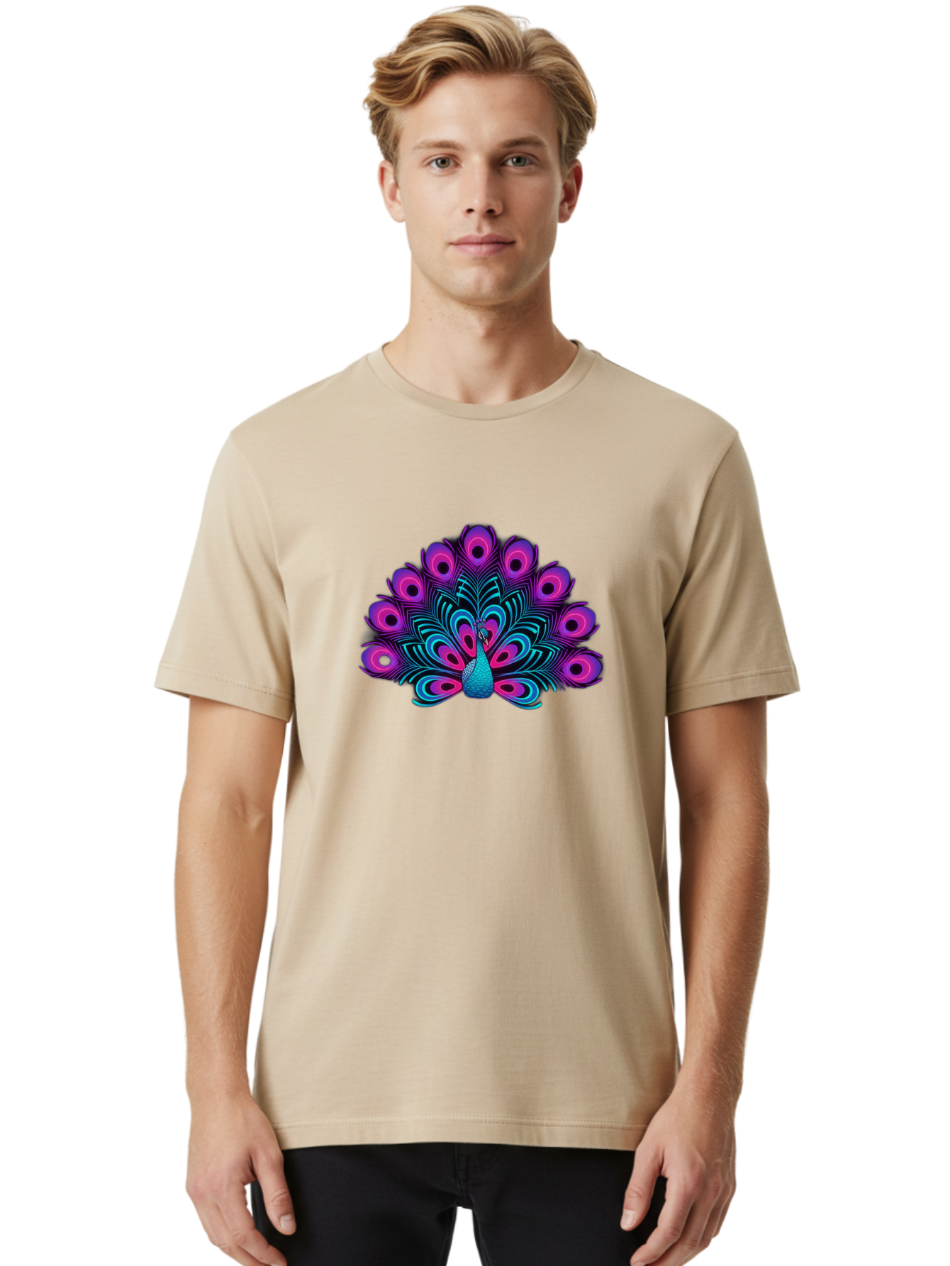 Peacock-16 Men'S Graphic Tee, 100% Cotton, Comfortable Casual Summer Wear, Machine Washable, Peacock Displaying Feathers, Vibrant Plumage, Blue And Purple Hues, Eye-Catching Pattern, Majestic Bird, Colorful Illustration, Intricate Design, Bab077