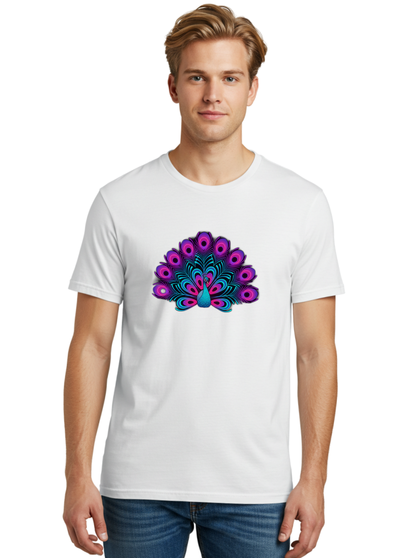 Peacock-16 Men'S Graphic Tee, 100% Cotton, Comfortable Casual Summer Wear, Machine Washable, Peacock Displaying Feathers, Vibrant Plumage, Blue And Purple Hues, Eye-Catching Pattern, Majestic Bird, Colorful Illustration, Intricate Design, Bab077