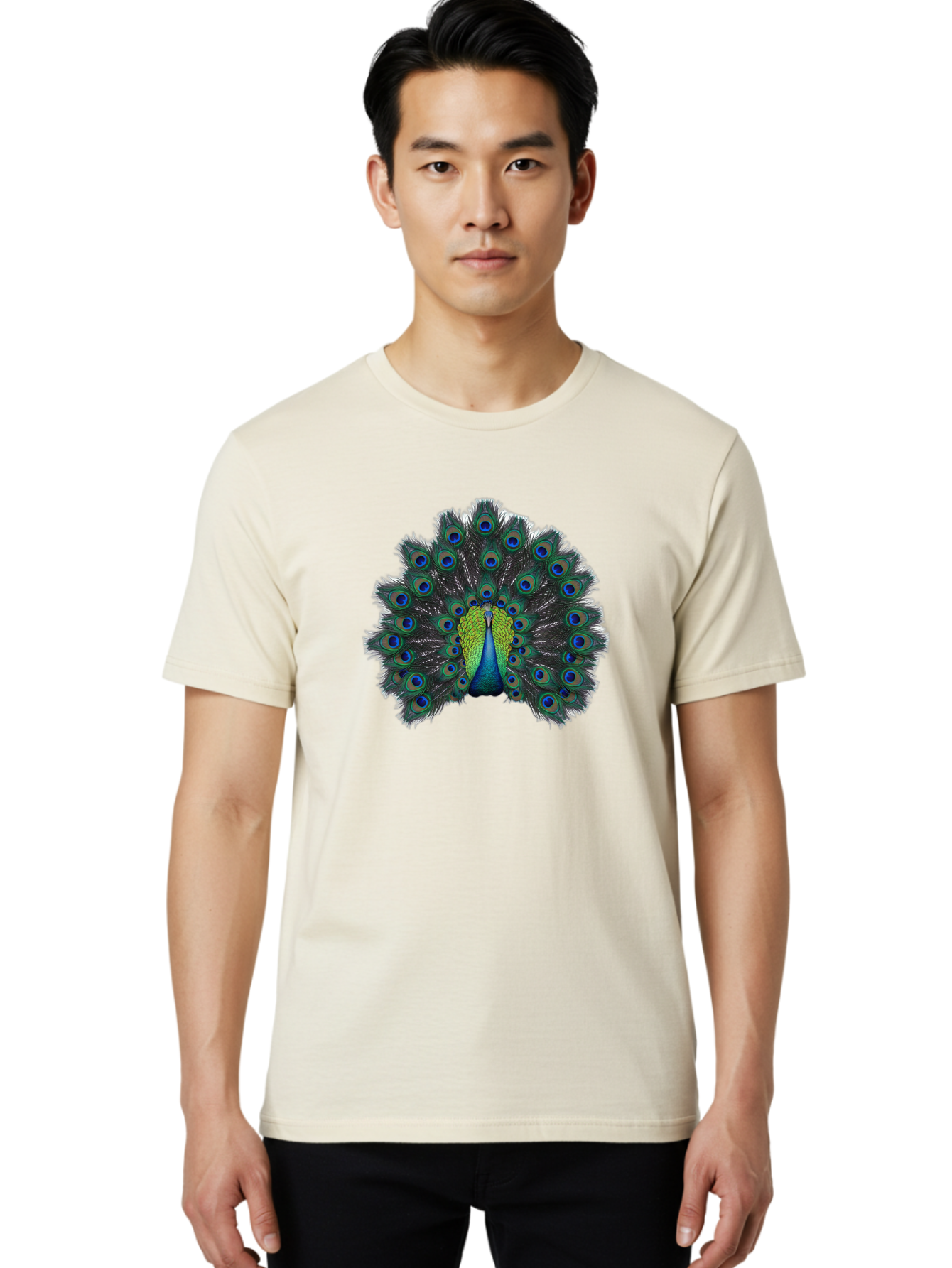 Peacock-17 Men'S Graphic Tee, 100% Cotton, Comfortable Casual Summer Wear, Machine Washable, Peacock With Spread Tail, Vibrant Feathers, Blue And Green Plumage, Eye-Catching Display, Majestic Bird, Exotic Beauty, Colorful Tail Feathers Bab078