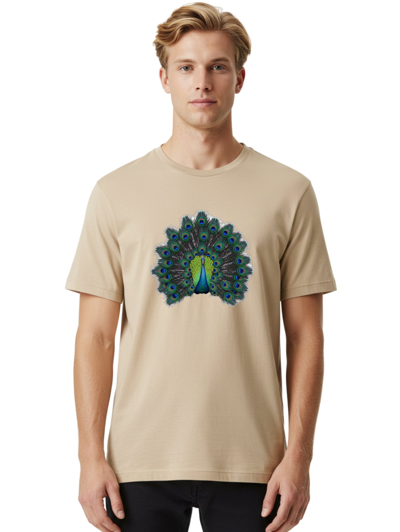 Peacock-17 Men'S Graphic Tee, 100% Cotton, Comfortable Casual Summer Wear, Machine Washable, Peacock With Spread Tail, Vibrant Feathers, Blue And Green Plumage, Eye-Catching Display, Majestic Bird, Exotic Beauty, Colorful Tail Feathers Bab078