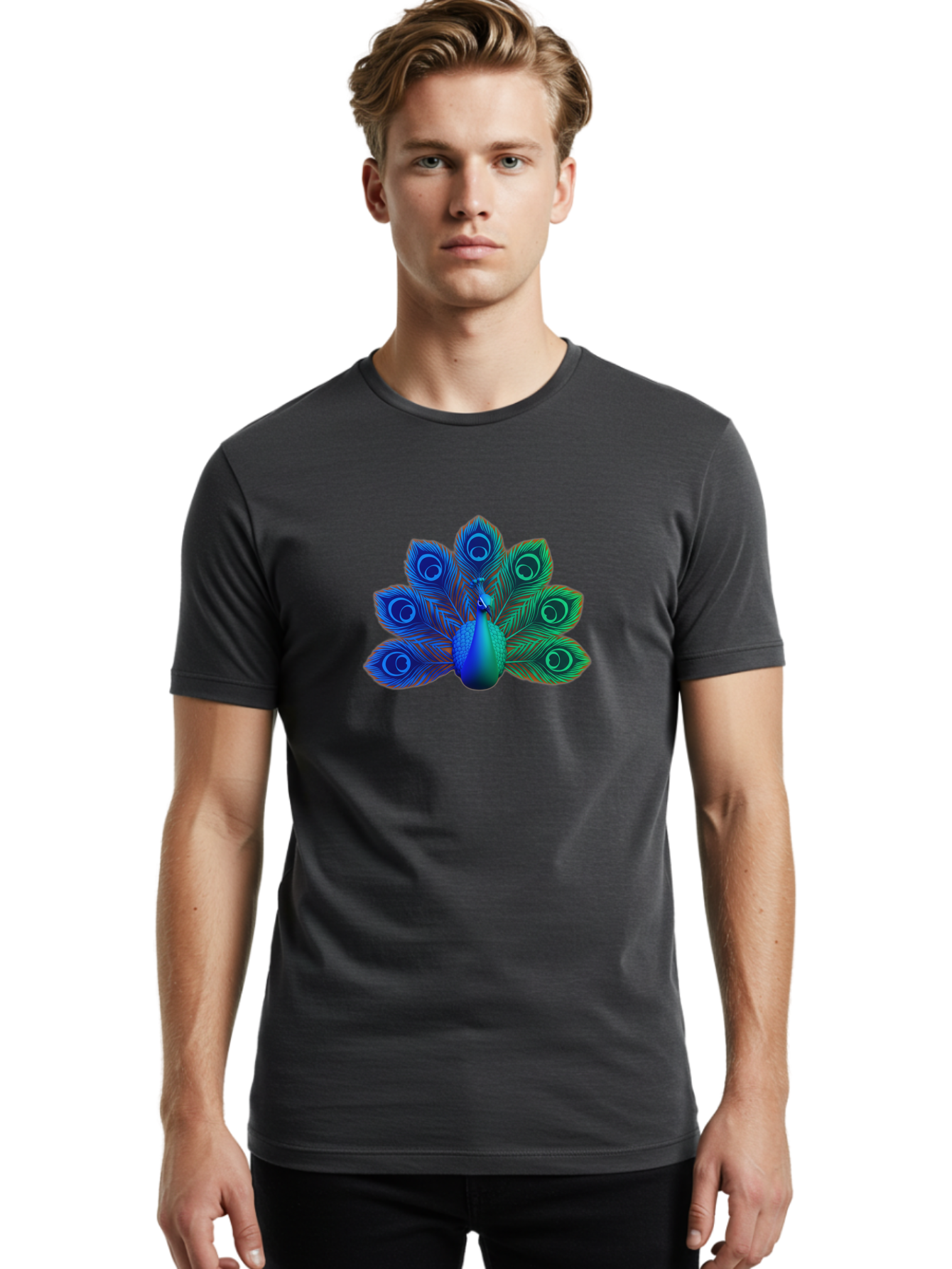 Peacock-18 Men'S Graphic Tee, 100% Cotton, Comfortable Casual Summer Wear, Machine Washable, Peacock Display, Vibrant Feathers, Blue Plumage, Colorful Bird, Majestic Creature, Iridescent Colors, Eye Spots, Feathered Beauty Bab079