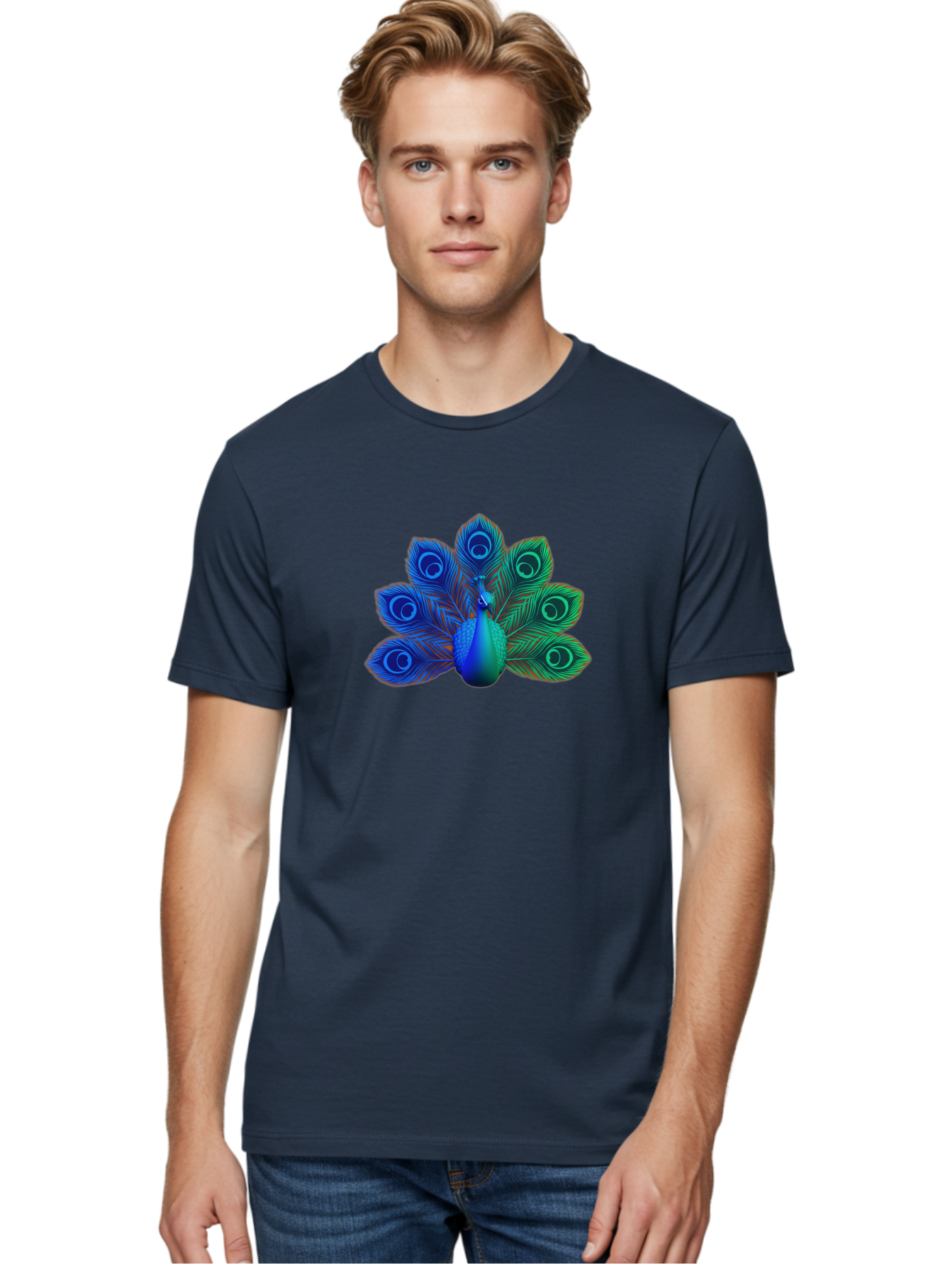 Peacock-18 Men'S Graphic Tee, 100% Cotton, Comfortable Casual Summer Wear, Machine Washable, Peacock Display, Vibrant Feathers, Blue Plumage, Colorful Bird, Majestic Creature, Iridescent Colors, Eye Spots, Feathered Beauty Bab079