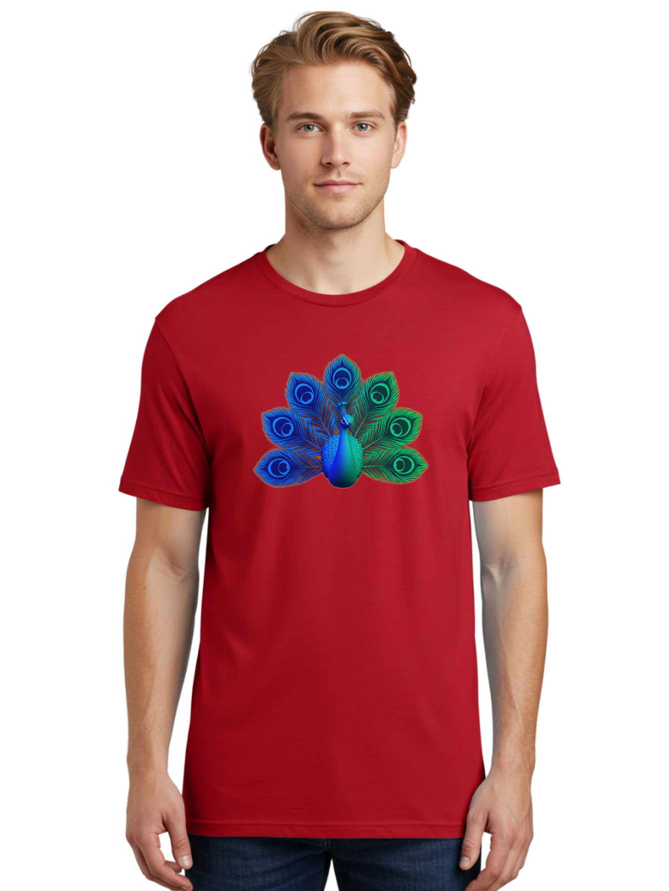 Peacock-18 Men'S Graphic Tee, 100% Cotton, Comfortable Casual Summer Wear, Machine Washable, Peacock Display, Vibrant Feathers, Blue Plumage, Colorful Bird, Majestic Creature, Iridescent Colors, Eye Spots, Feathered Beauty Bab079