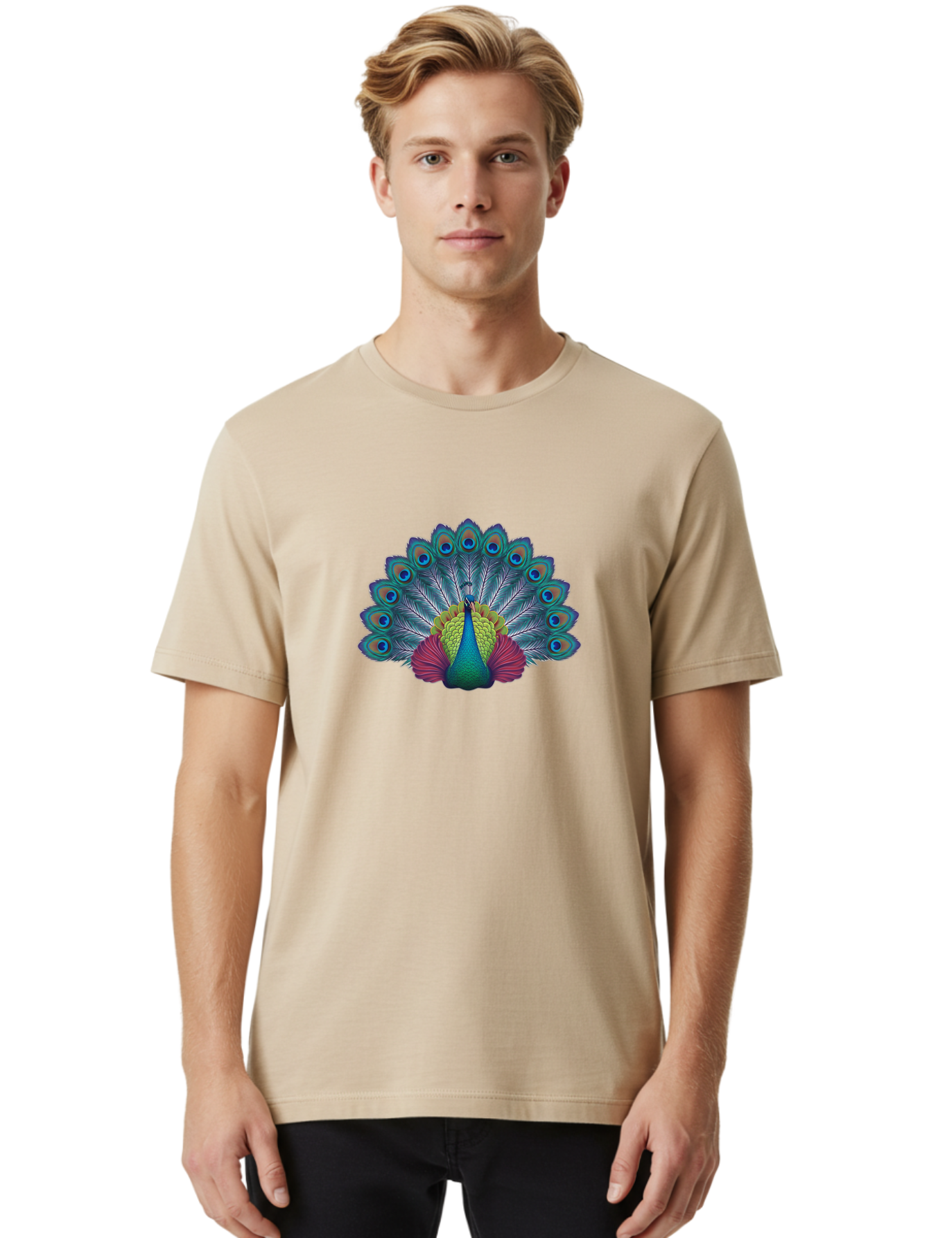 Peacock-19 Men'S Graphic Tee, 100% Cotton, Comfortable Casual Summer Wear, Machine Washable, Peacock With Vibrant Feathers, Colorful Plumage, Blue Eyespots, Green And Blue Body, Pink Train, Majestic Bird, Exotic Wildlife, Beautiful Creature, Bab080