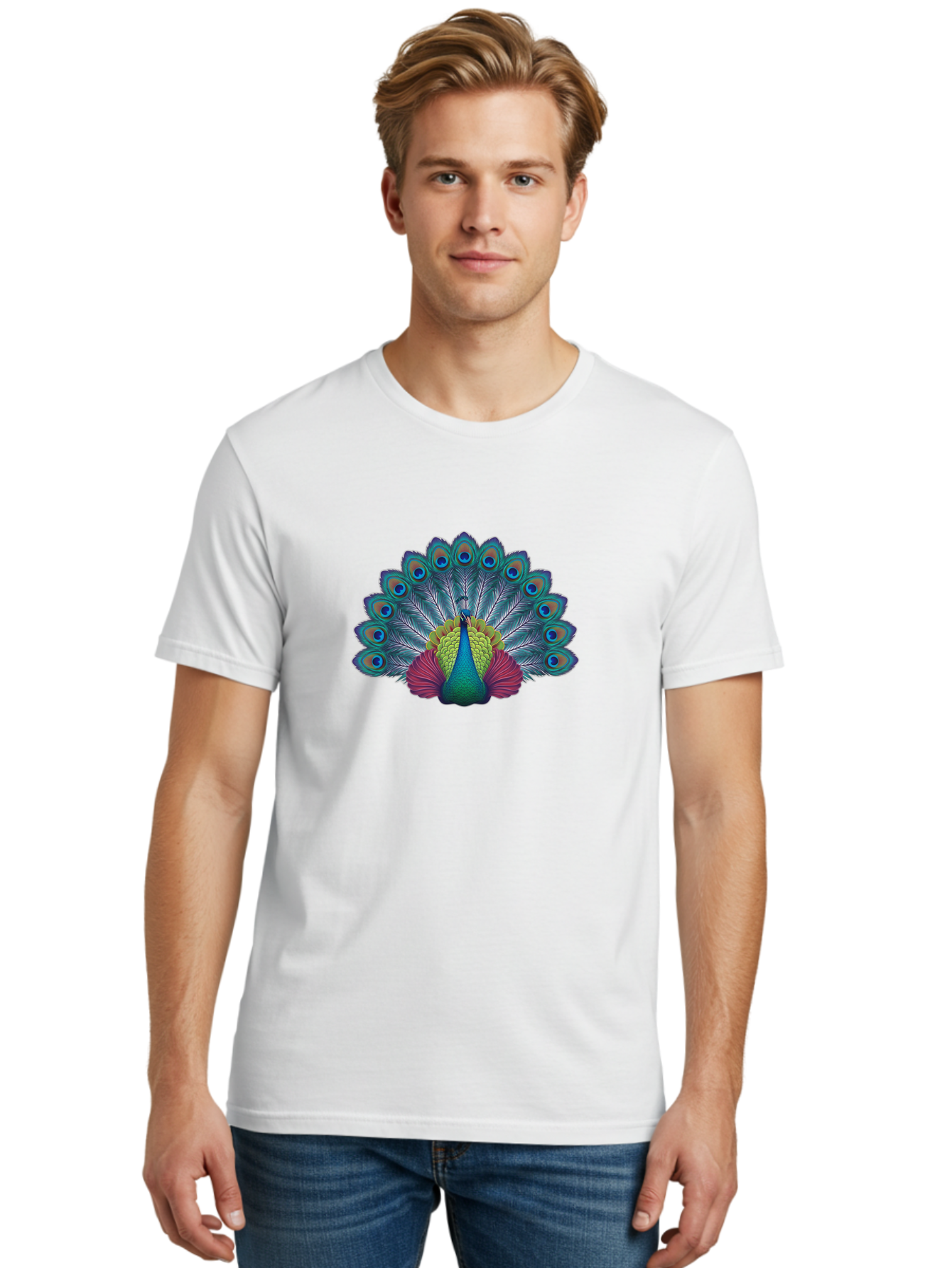 Peacock-19 Men'S Graphic Tee, 100% Cotton, Comfortable Casual Summer Wear, Machine Washable, Peacock With Vibrant Feathers, Colorful Plumage, Blue Eyespots, Green And Blue Body, Pink Train, Majestic Bird, Exotic Wildlife, Beautiful Creature, Bab080