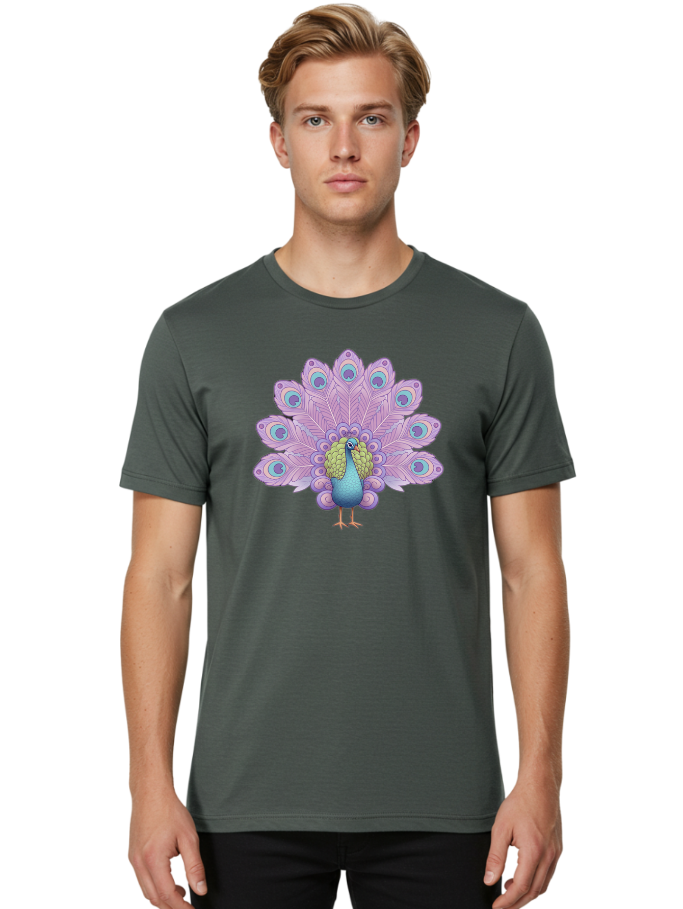Peacock-2 Men'S Graphic Tee, 100% Cotton, Comfortable Casual Summer Wear, Machine Washable, Peacock Bird, Vibrant Plumage, Colorful Feathers, Blue And Purple Hues, Ornate Tail, Majestic Display, Eye-Catching Patterns, Luxurious Bird, Bab081