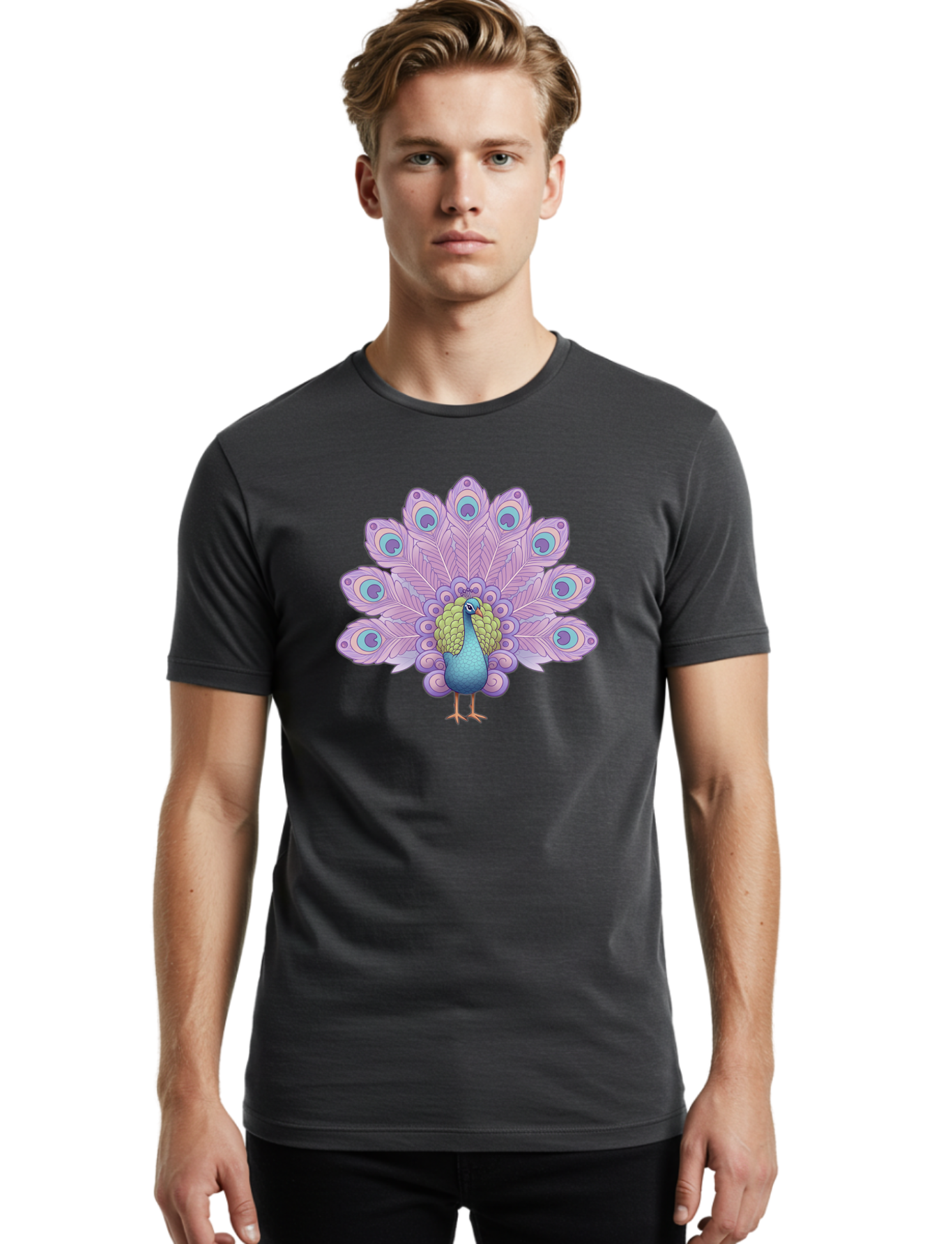 Peacock-2 Men'S Graphic Tee, 100% Cotton, Comfortable Casual Summer Wear, Machine Washable, Peacock Bird, Vibrant Plumage, Colorful Feathers, Blue And Purple Hues, Ornate Tail, Majestic Display, Eye-Catching Patterns, Luxurious Bird, Bab081