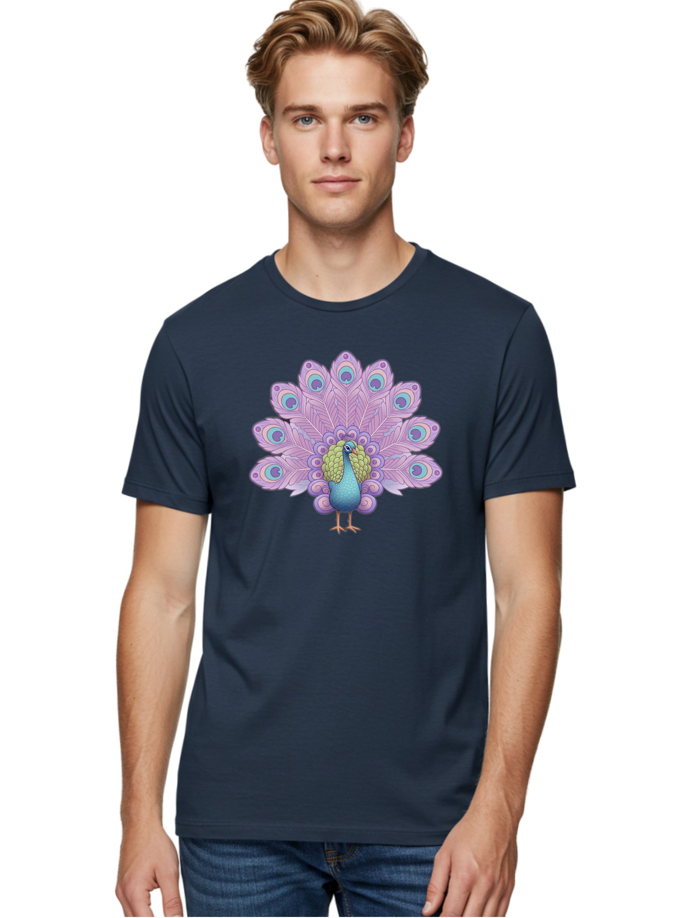 Peacock-2 Men'S Graphic Tee, 100% Cotton, Comfortable Casual Summer Wear, Machine Washable, Peacock Bird, Vibrant Plumage, Colorful Feathers, Blue And Purple Hues, Ornate Tail, Majestic Display, Eye-Catching Patterns, Luxurious Bird, Bab081