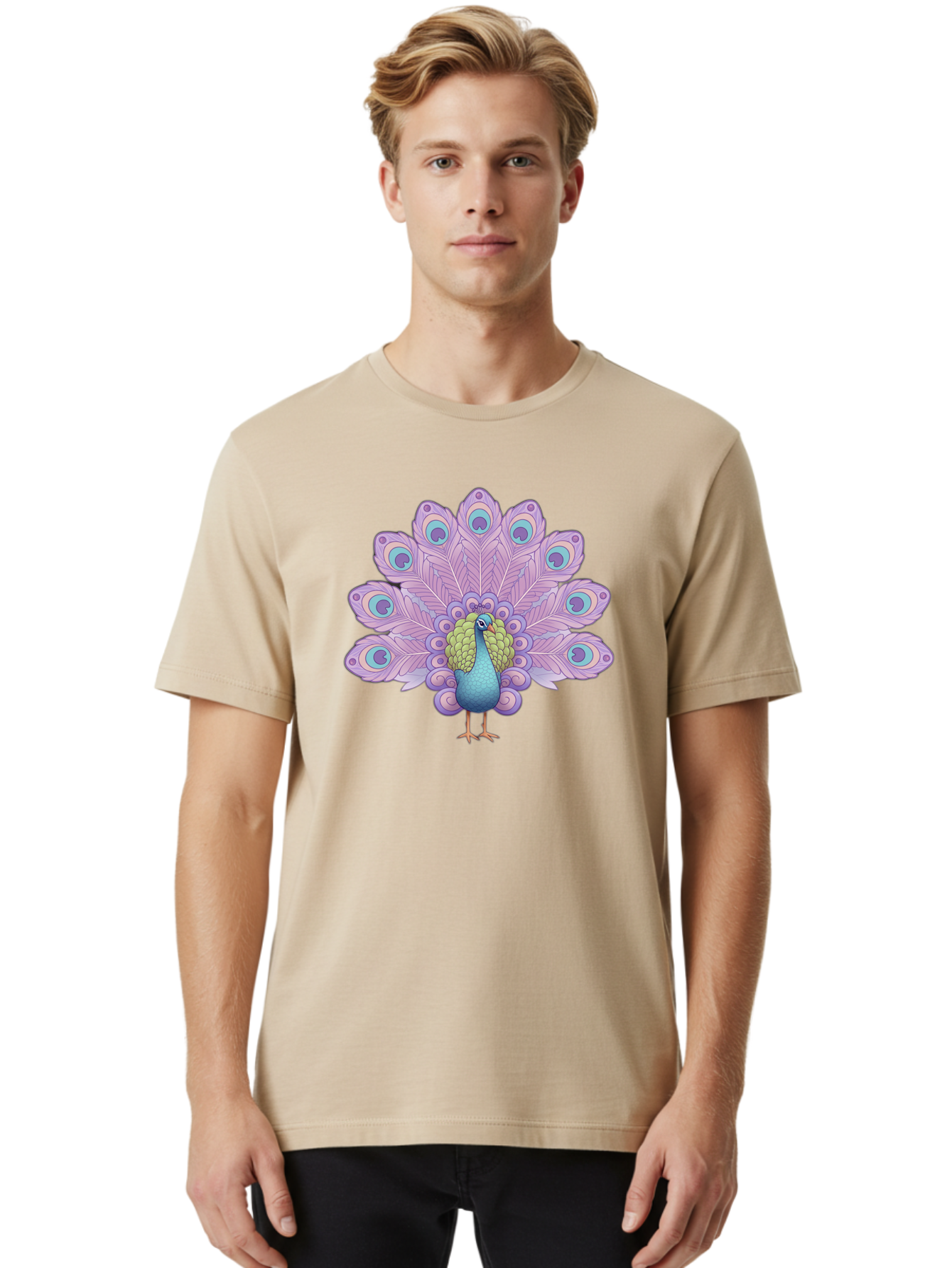 Peacock-2 Men'S Graphic Tee, 100% Cotton, Comfortable Casual Summer Wear, Machine Washable, Peacock Bird, Vibrant Plumage, Colorful Feathers, Blue And Purple Hues, Ornate Tail, Majestic Display, Eye-Catching Patterns, Luxurious Bird, Bab081