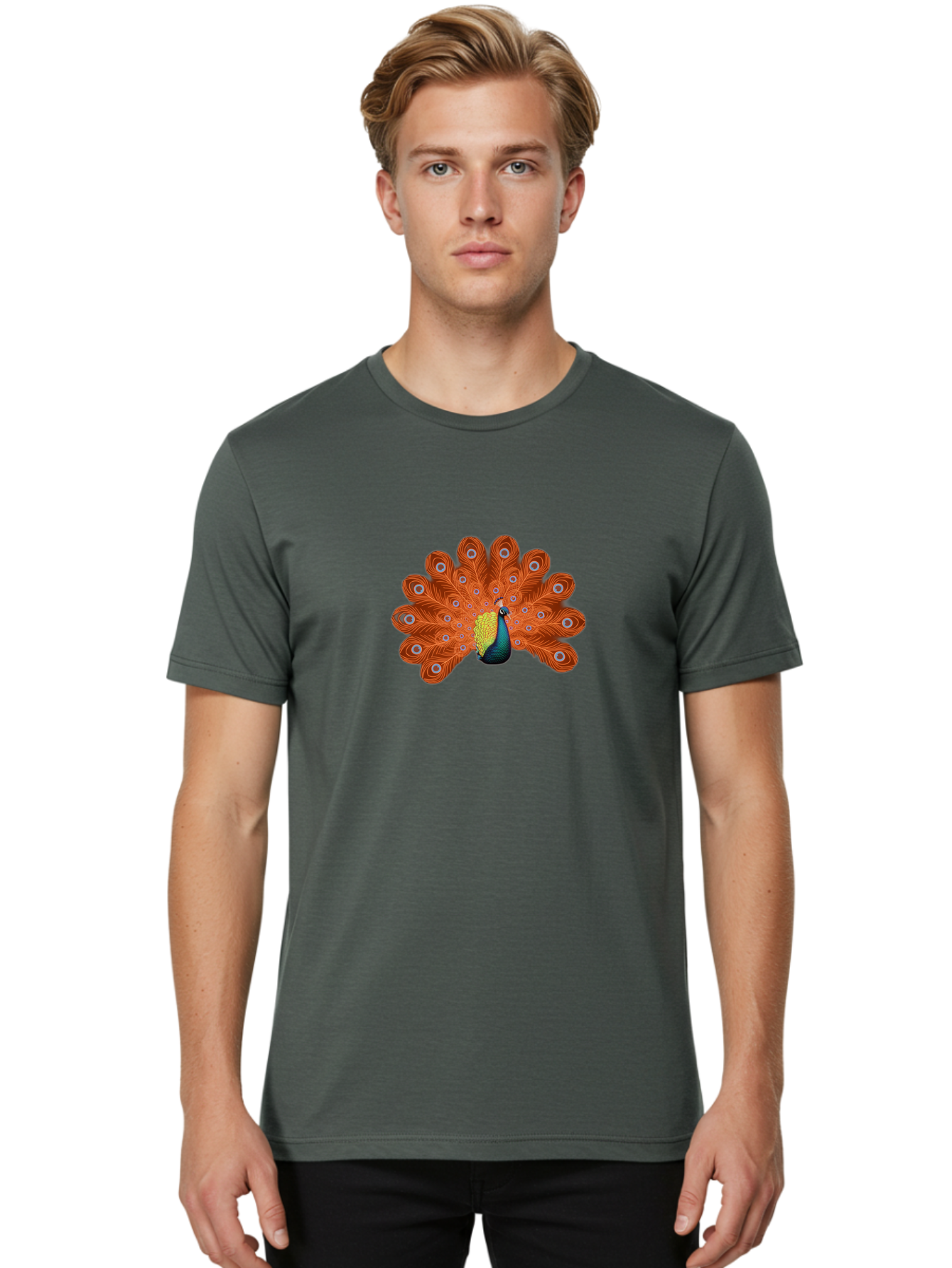 Peacock-20 Men'S Graphic Tee, 100% Cotton, Comfortable Casual Summer Wear, Machine Washable, Vibrant Peacock, Colorful Plumage, Orange Feathers, Blue And Yellow Body, Majestic Bird, Eye-Catching Display, Natural Beauty, Wildlife, Exotic Bird Bab082