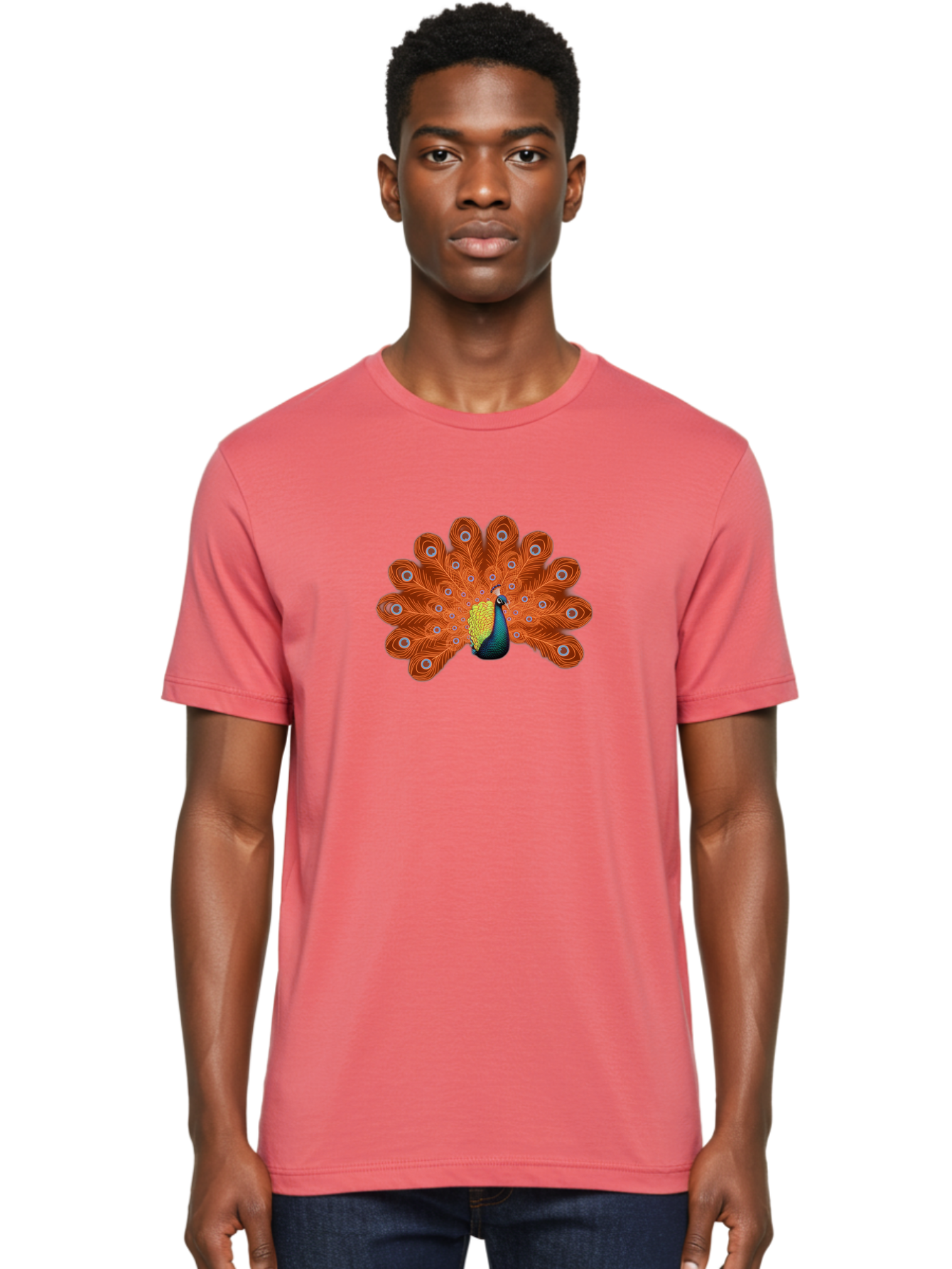 Peacock-20 Men'S Graphic Tee, 100% Cotton, Comfortable Casual Summer Wear, Machine Washable, Vibrant Peacock, Colorful Plumage, Orange Feathers, Blue And Yellow Body, Majestic Bird, Eye-Catching Display, Natural Beauty, Wildlife, Exotic Bird Bab082