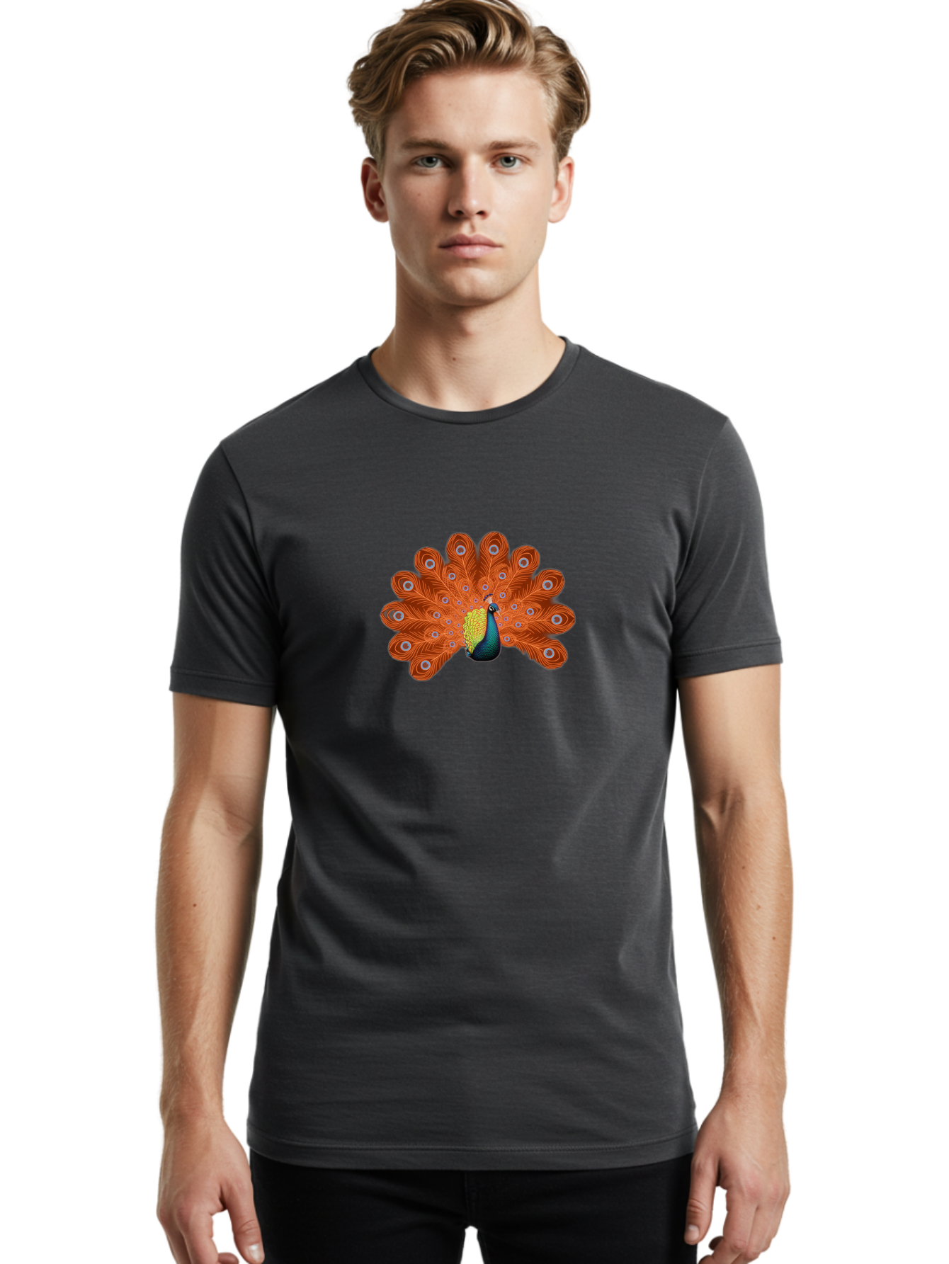 Peacock-20 Men'S Graphic Tee, 100% Cotton, Comfortable Casual Summer Wear, Machine Washable, Vibrant Peacock, Colorful Plumage, Orange Feathers, Blue And Yellow Body, Majestic Bird, Eye-Catching Display, Natural Beauty, Wildlife, Exotic Bird Bab082