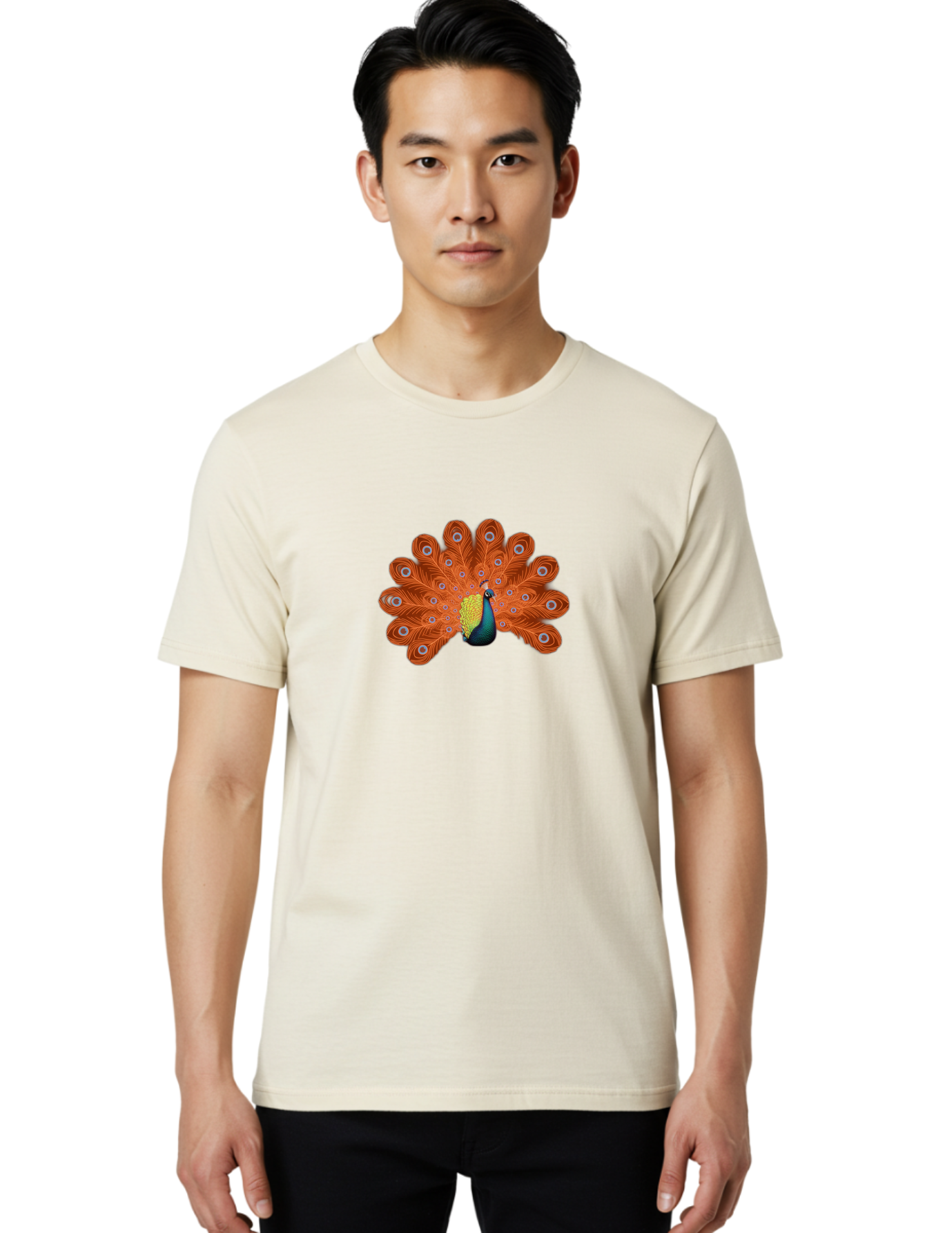 Peacock-20 Men'S Graphic Tee, 100% Cotton, Comfortable Casual Summer Wear, Machine Washable, Vibrant Peacock, Colorful Plumage, Orange Feathers, Blue And Yellow Body, Majestic Bird, Eye-Catching Display, Natural Beauty, Wildlife, Exotic Bird Bab082