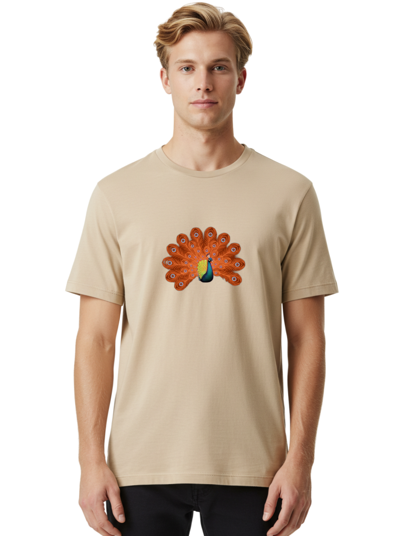Peacock-20 Men'S Graphic Tee, 100% Cotton, Comfortable Casual Summer Wear, Machine Washable, Vibrant Peacock, Colorful Plumage, Orange Feathers, Blue And Yellow Body, Majestic Bird, Eye-Catching Display, Natural Beauty, Wildlife, Exotic Bird Bab082