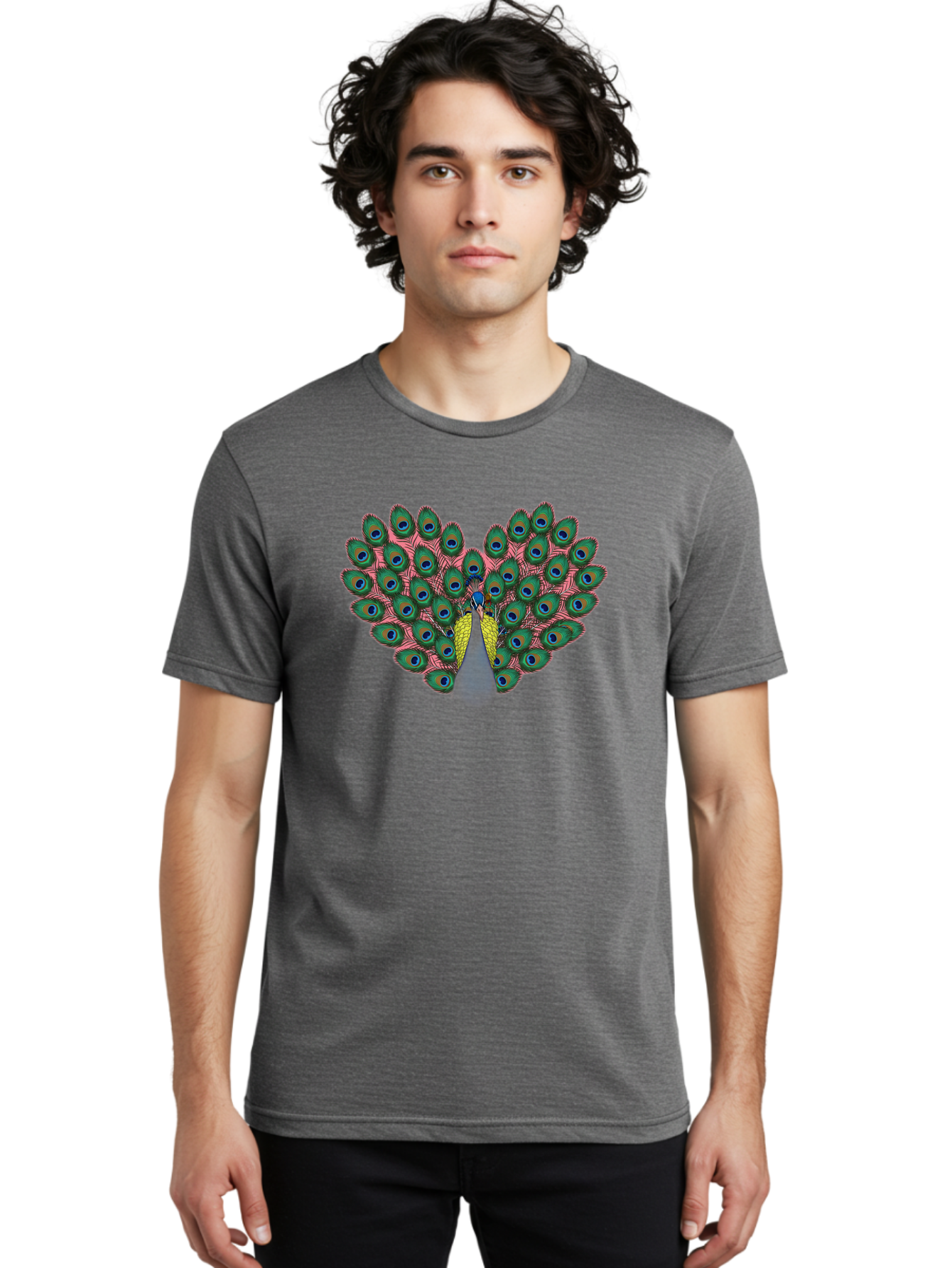 Peacock-22 Men'S Graphic Tee, 100% Cotton, Comfortable Casual Summer Wear, Machine Washable, Peacock Spreading Tail, Colorful Plumage, Vibrant Feathers, Blue Eyespots, Green And Pink Hues, Majestic Bird, Proud Display, Iridescent Colors, Bab084