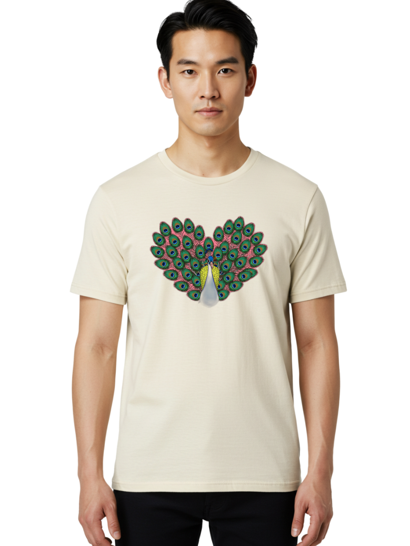 Peacock-22 Men'S Graphic Tee, 100% Cotton, Comfortable Casual Summer Wear, Machine Washable, Peacock Spreading Tail, Colorful Plumage, Vibrant Feathers, Blue Eyespots, Green And Pink Hues, Majestic Bird, Proud Display, Iridescent Colors, Bab084