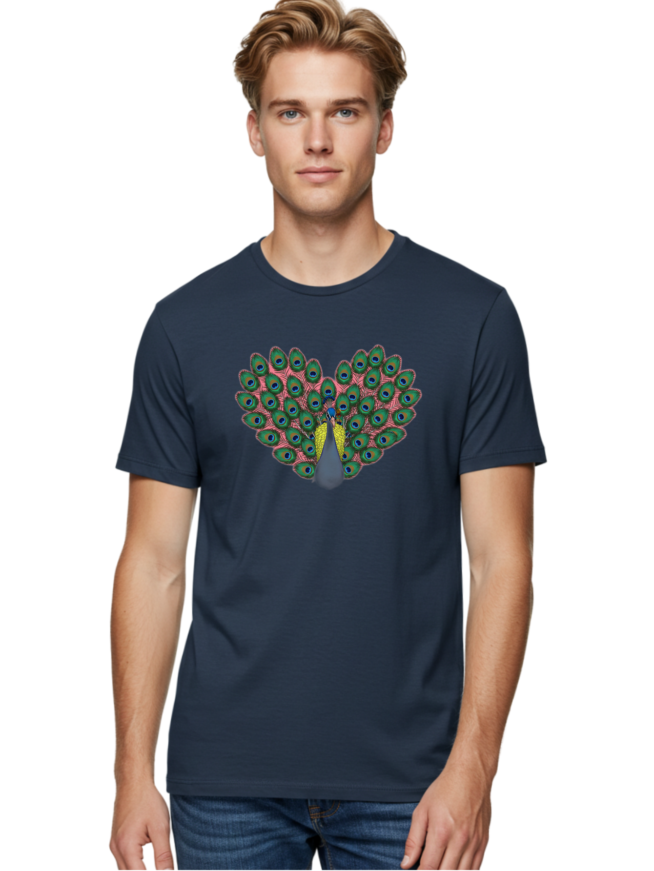 Peacock-22 Men'S Graphic Tee, 100% Cotton, Comfortable Casual Summer Wear, Machine Washable, Peacock Spreading Tail, Colorful Plumage, Vibrant Feathers, Blue Eyespots, Green And Pink Hues, Majestic Bird, Proud Display, Iridescent Colors, Bab084