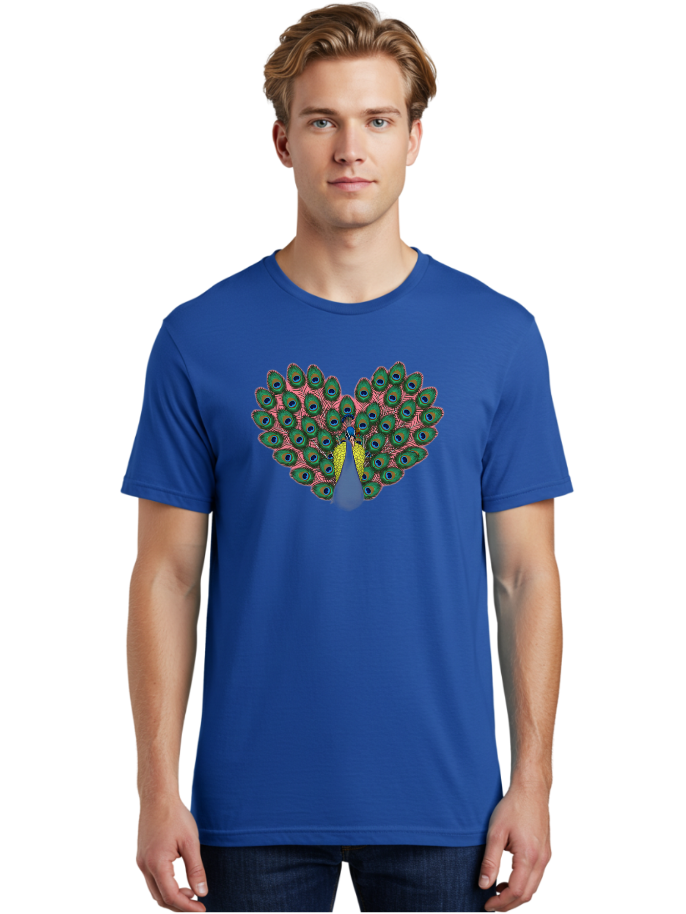 Peacock-22 Men'S Graphic Tee, 100% Cotton, Comfortable Casual Summer Wear, Machine Washable, Peacock Spreading Tail, Colorful Plumage, Vibrant Feathers, Blue Eyespots, Green And Pink Hues, Majestic Bird, Proud Display, Iridescent Colors, Bab084