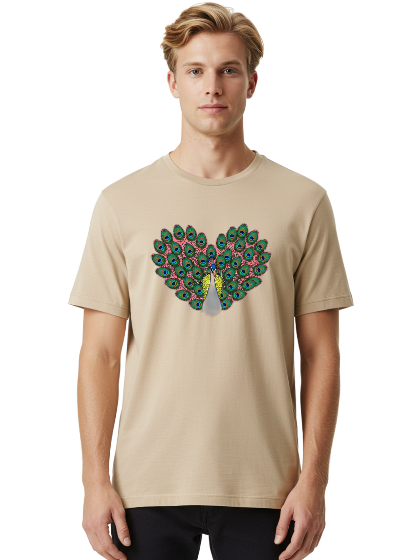 Peacock-22 Men'S Graphic Tee, 100% Cotton, Comfortable Casual Summer Wear, Machine Washable, Peacock Spreading Tail, Colorful Plumage, Vibrant Feathers, Blue Eyespots, Green And Pink Hues, Majestic Bird, Proud Display, Iridescent Colors, Bab084