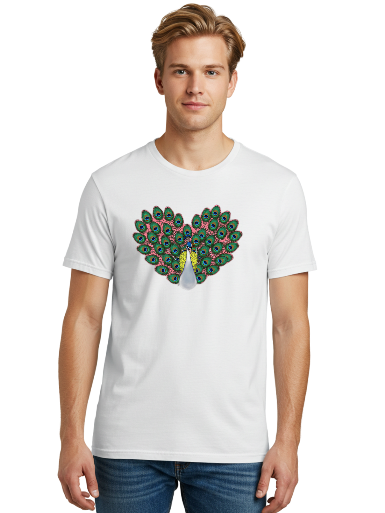 Peacock-22 Men'S Graphic Tee, 100% Cotton, Comfortable Casual Summer Wear, Machine Washable, Peacock Spreading Tail, Colorful Plumage, Vibrant Feathers, Blue Eyespots, Green And Pink Hues, Majestic Bird, Proud Display, Iridescent Colors, Bab084