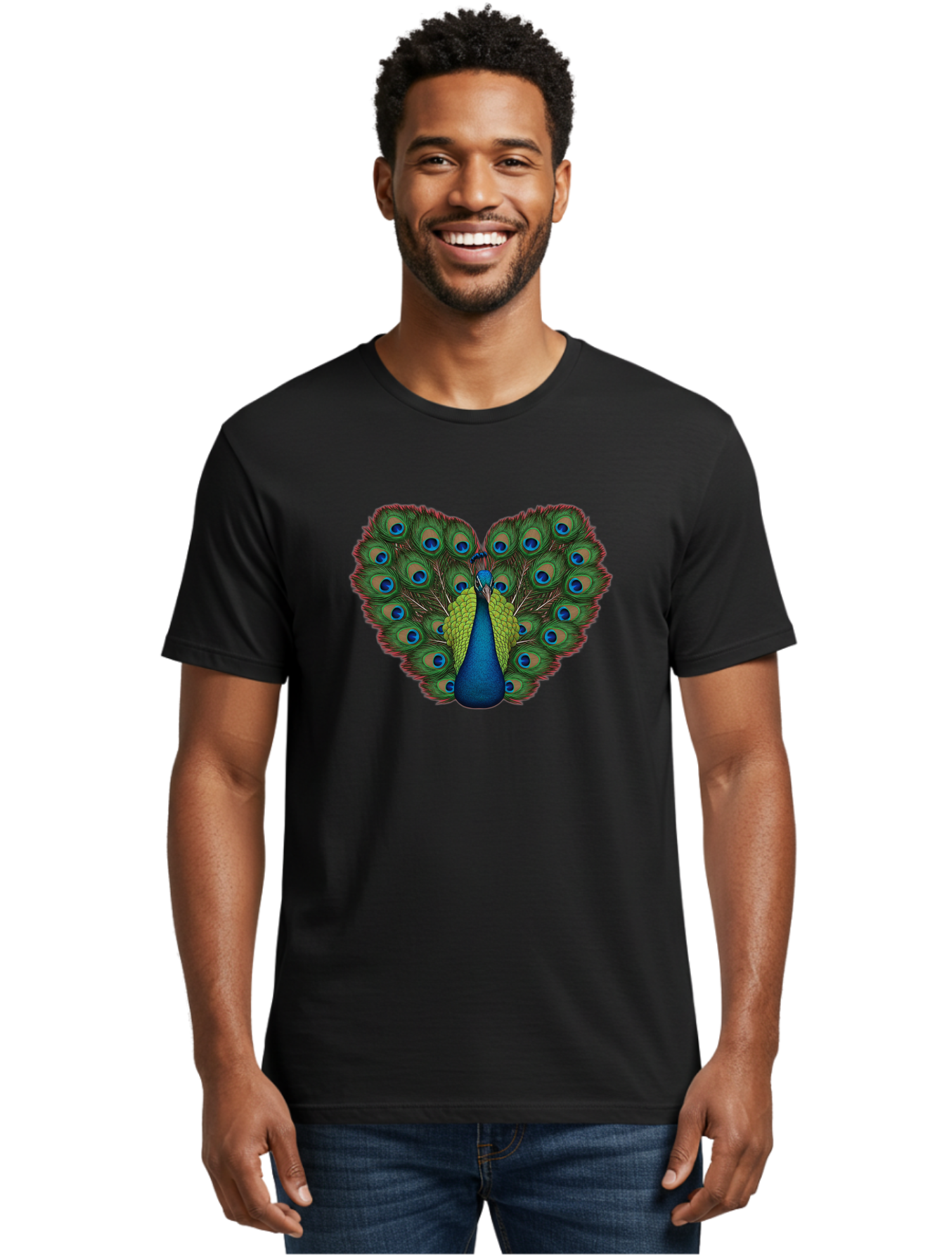 Peacock-23 Men'S Graphic Tee, 100% Cotton, Comfortable Casual Summer Wear, Machine Washable, Peacock, Spread Tail Feathers, Blue Eyespots, Colorful Plumage, Vibrant Blues And Greens, Exotic Bird, Majestic Display, Ornate Feathers Bab085