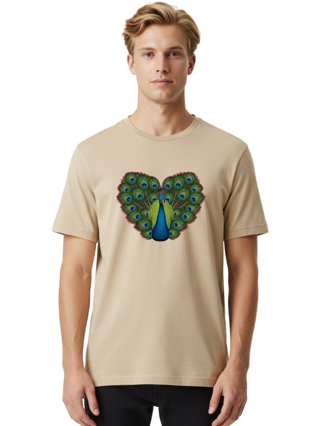 Peacock-23 Men'S Graphic Tee, 100% Cotton, Comfortable Casual Summer Wear, Machine Washable, Peacock, Spread Tail Feathers, Blue Eyespots, Colorful Plumage, Vibrant Blues And Greens, Exotic Bird, Majestic Display, Ornate Feathers Bab085