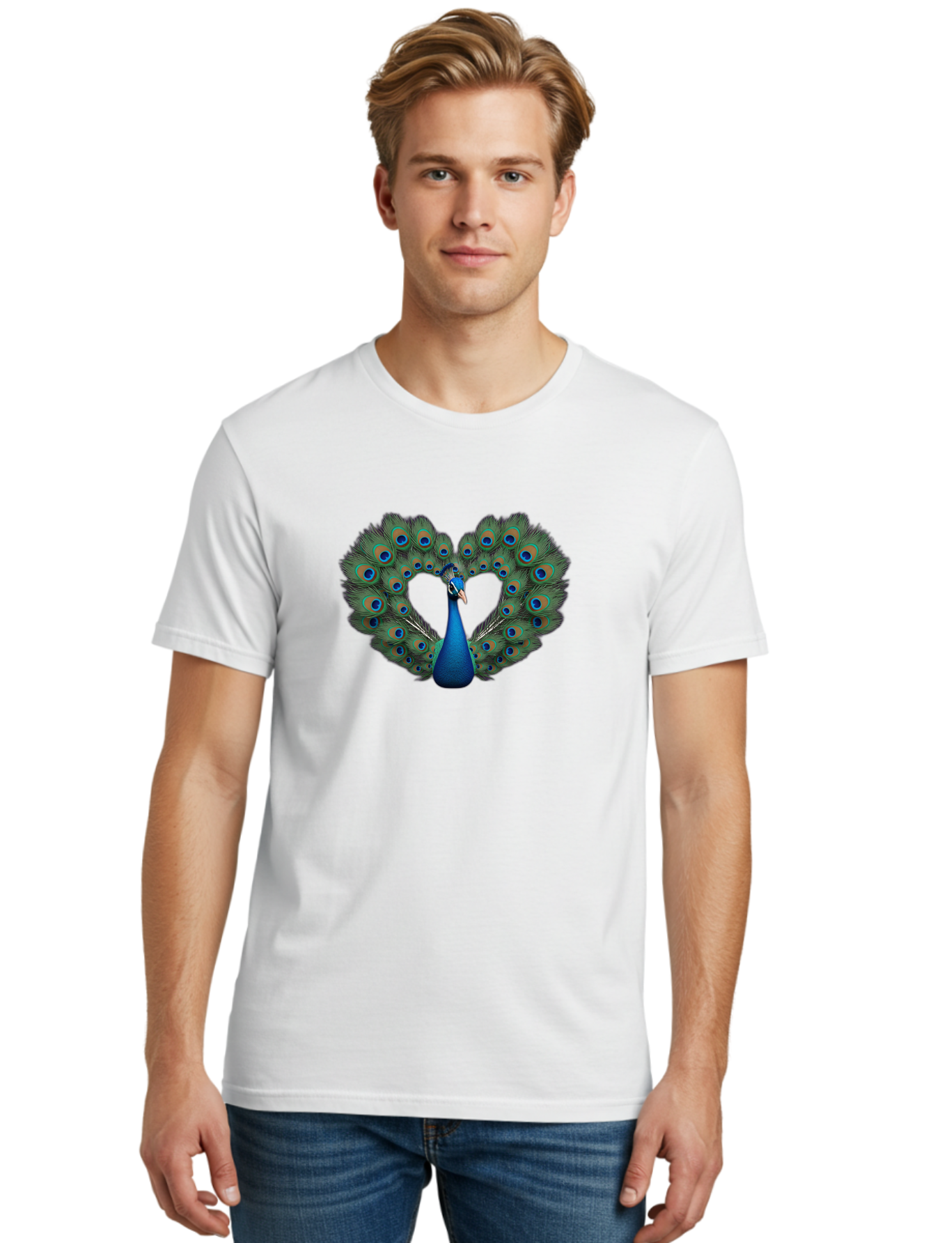 Peacock-24 Men'S Graphic Tee, 100% Cotton, Comfortable Casual Summer Wear, Machine Washable, Peacock, Majestic Bird, Feathers Spread, Iridescent Colors, Blue Eyespots, Vibrant Plumage, Ornate, Exotic, Beautiful, Fancy, Eye-Catching, Bab086
