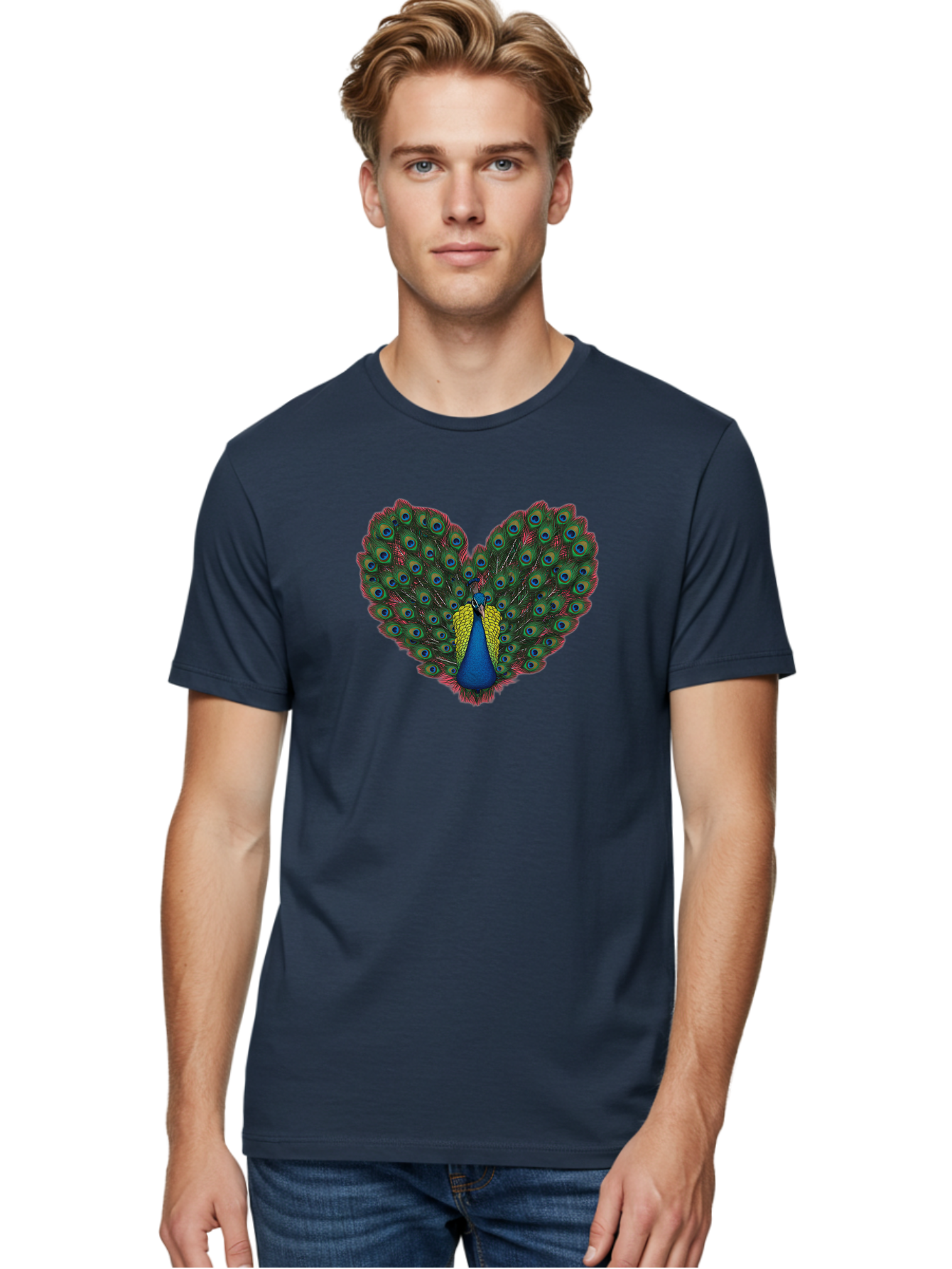 Peacock-25 Men'S Graphic Tee, 100% Cotton, Comfortable Casual Summer Wear, Machine Washable, Peacock With Spread Tail, Heart Shape, Blue And Green Feathers, Eye Spots, Vibrant Plumage, Colorful Bird, Majestic Display, Exotic Bird, Bab087