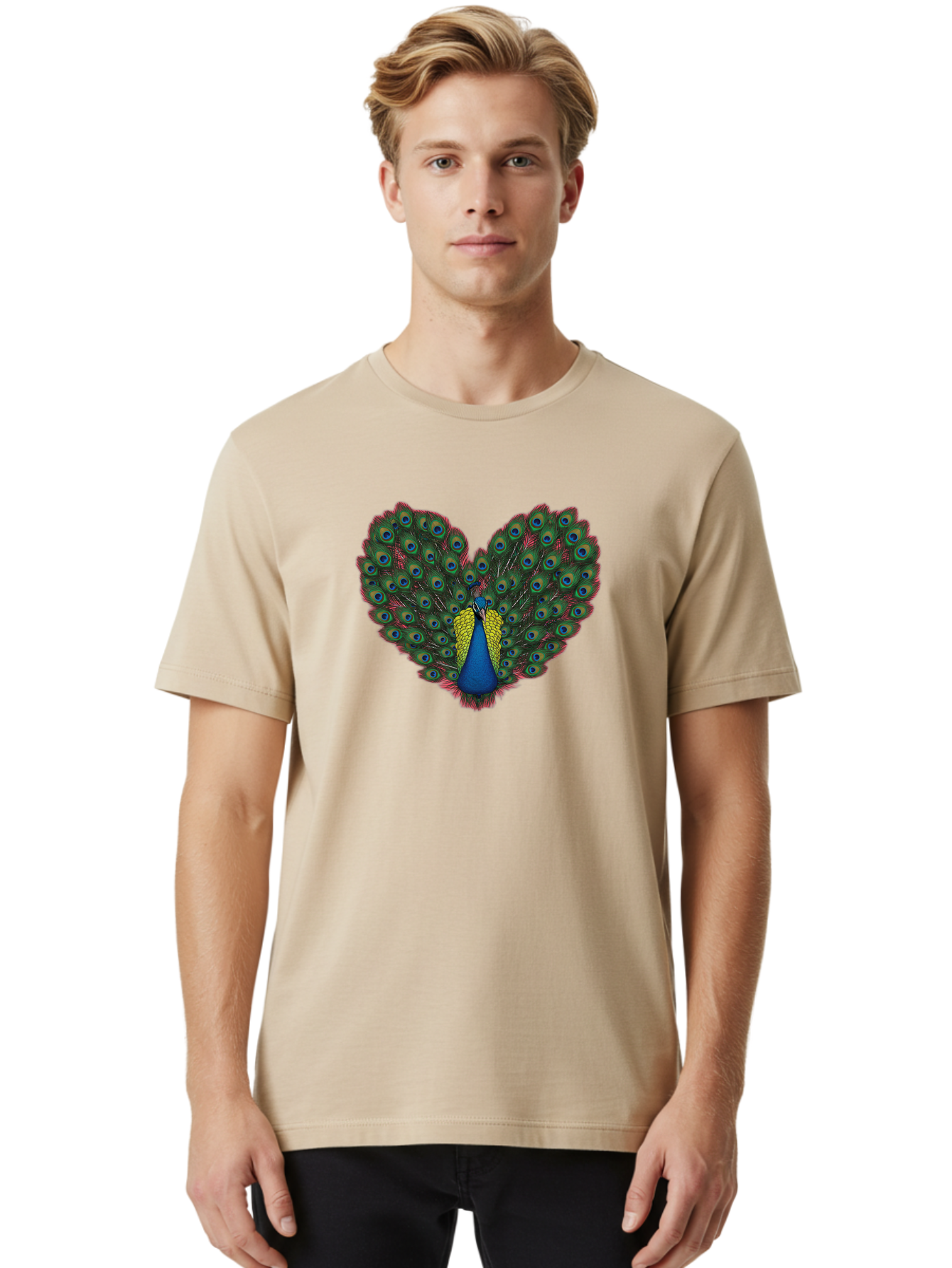 Peacock-25 Men'S Graphic Tee, 100% Cotton, Comfortable Casual Summer Wear, Machine Washable, Peacock With Spread Tail, Heart Shape, Blue And Green Feathers, Eye Spots, Vibrant Plumage, Colorful Bird, Majestic Display, Exotic Bird, Bab087