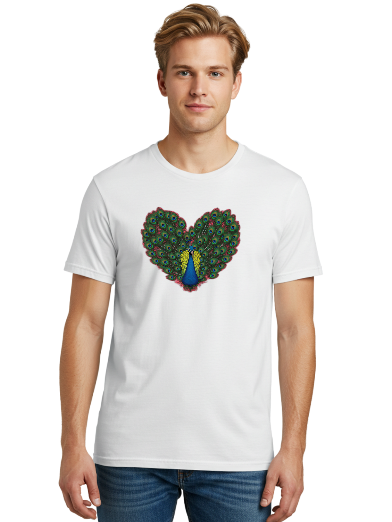 Peacock-25 Men'S Graphic Tee, 100% Cotton, Comfortable Casual Summer Wear, Machine Washable, Peacock With Spread Tail, Heart Shape, Blue And Green Feathers, Eye Spots, Vibrant Plumage, Colorful Bird, Majestic Display, Exotic Bird, Bab087