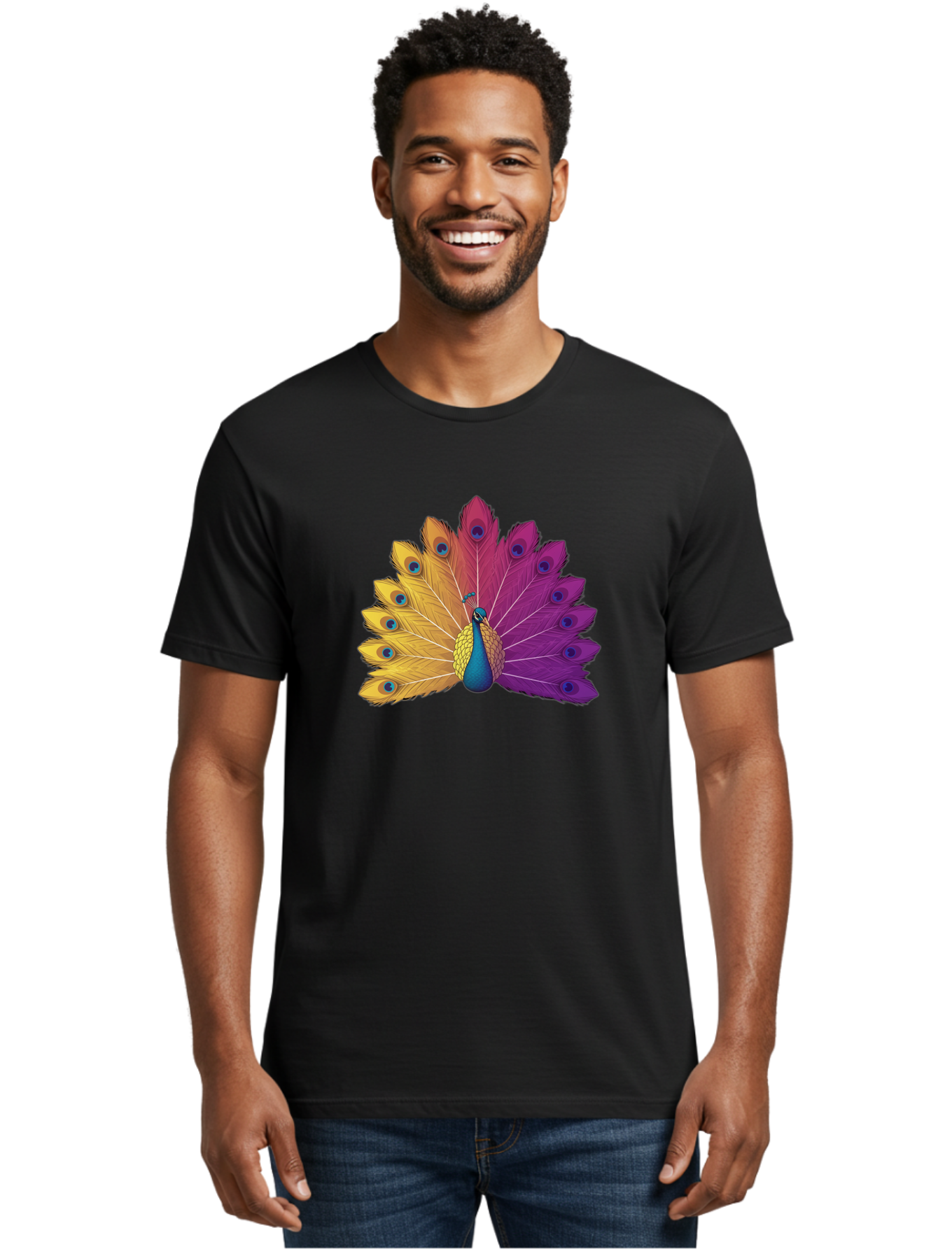Peacock-28 Men'S Graphic Tee, 100% Cotton, Comfortable Casual Summer Wear, Machine Washable, Vibrant Peacock, Colorful Plumage, Blue Eyespots, Majestic Bird, Spread Feathers, Orange, Purple, And Yellow Hues, Exotic Beauty, Ornate Display, Bab090